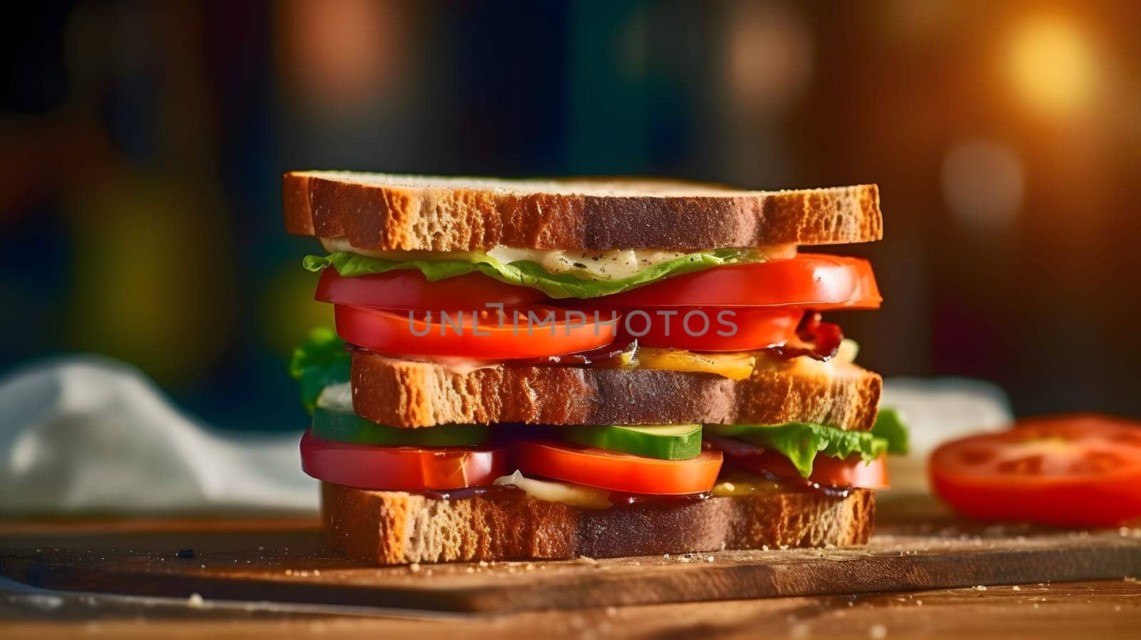 A tempting sandwich with layers of tomatoes, cucumber, lettuce, and a creamy spread, inviting you to take a bite.