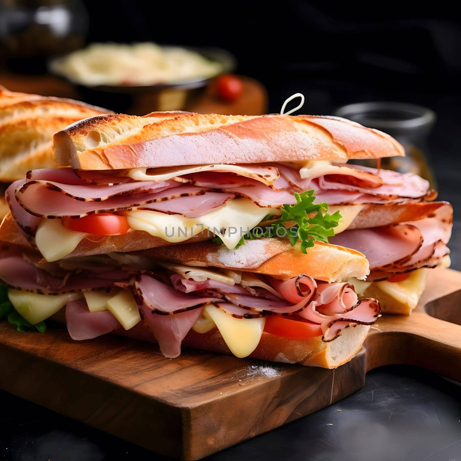 A close-up of a delicious ham and cheese sandwich on a baguette, with fresh ingredients and a rustic wooden background.