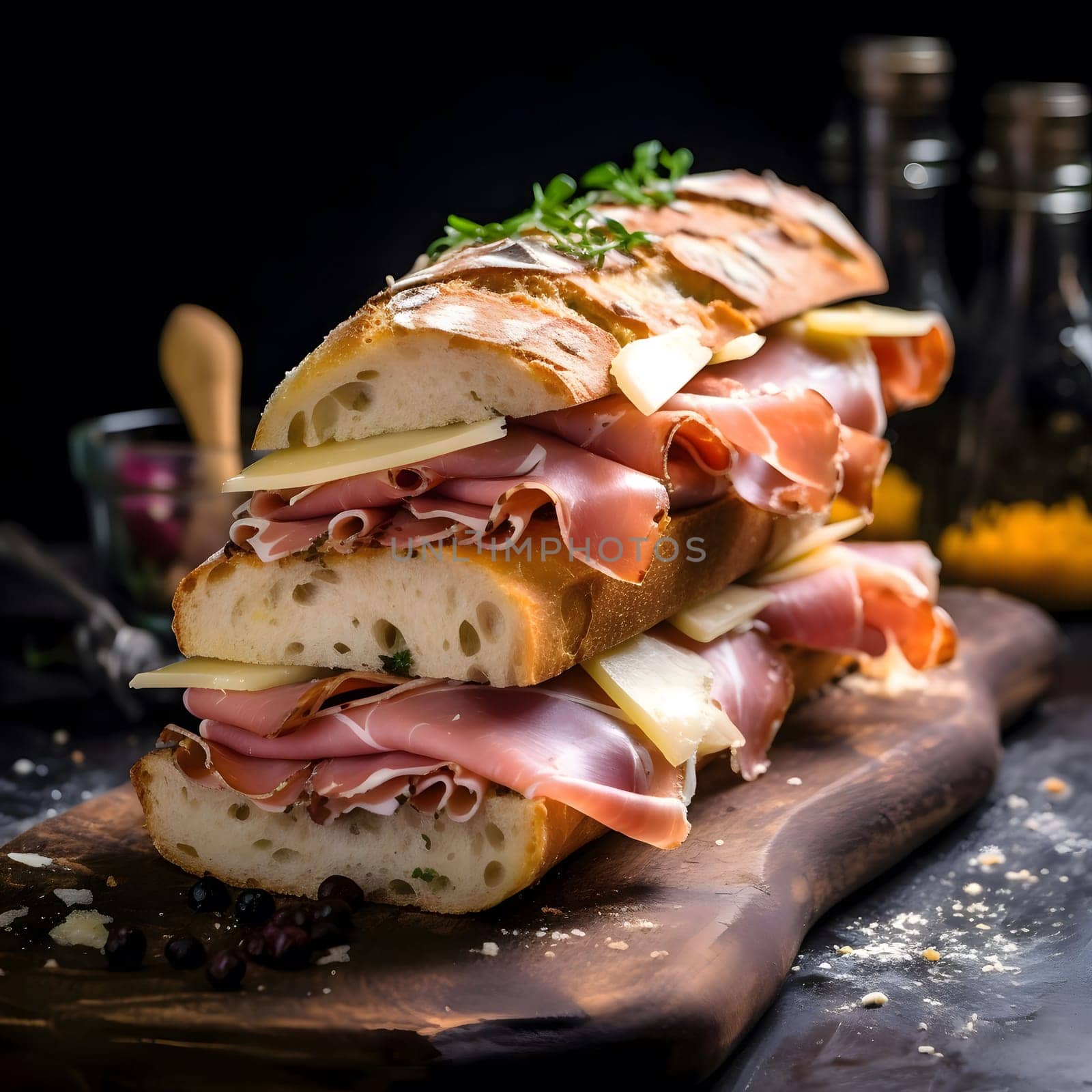 A close-up shot of a delicious sandwich made with fresh bread, ham, cheese, and herbs. The sandwich is displayed on a wooden cutting board, and the image showcases its mouthwatering appeal.