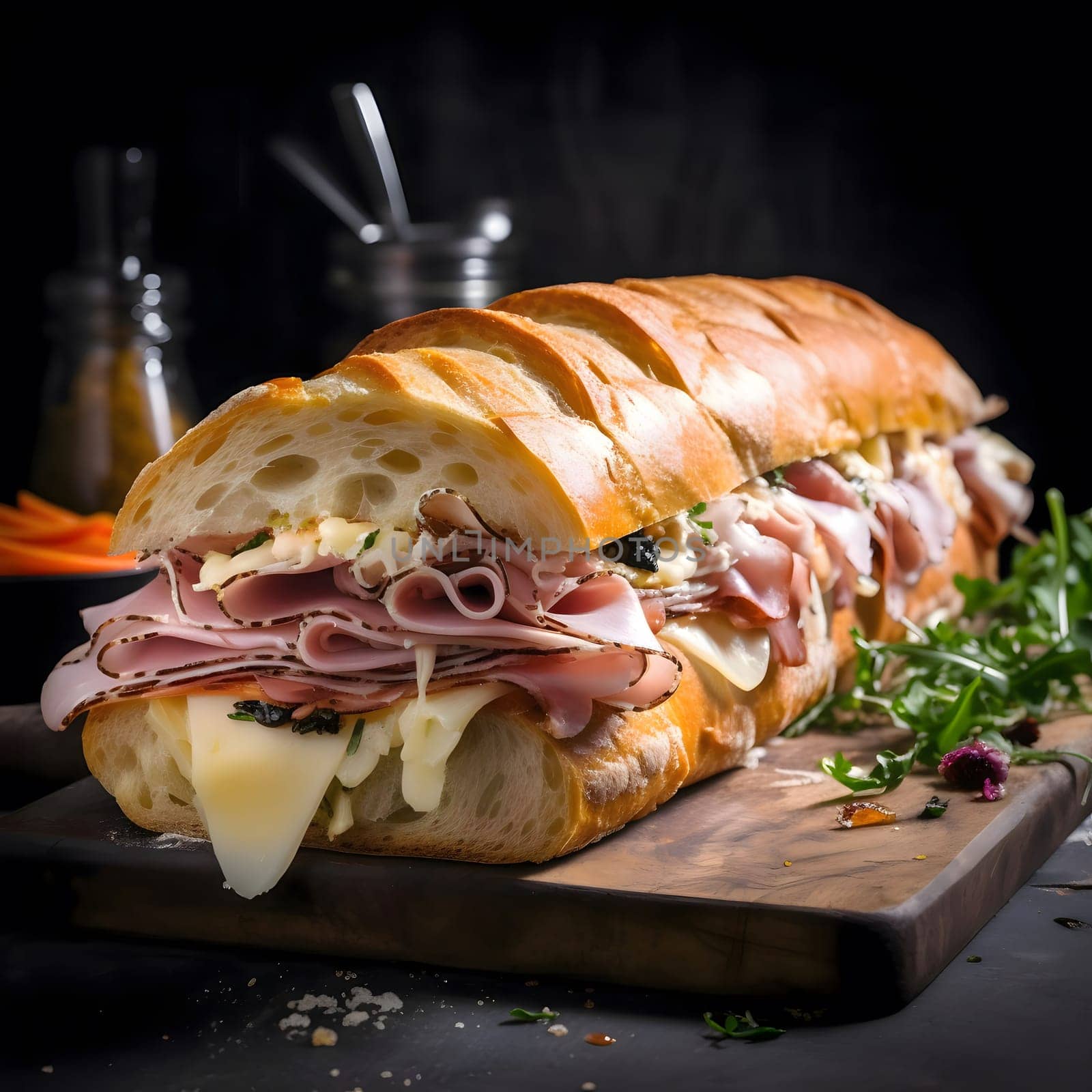This close-up shot highlights a freshly made ham and cheese sub, showcasing its mouthwatering ingredients and inviting texture. The sandwich sits on a rustic wooden cutting board, adding to the overall visual appeal.