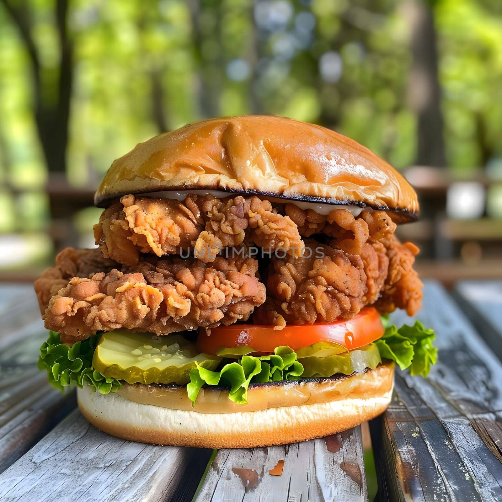 Close up of a delicious crispy fried chicken sandwich with lettuce, tomato and pickles on a toasted bun