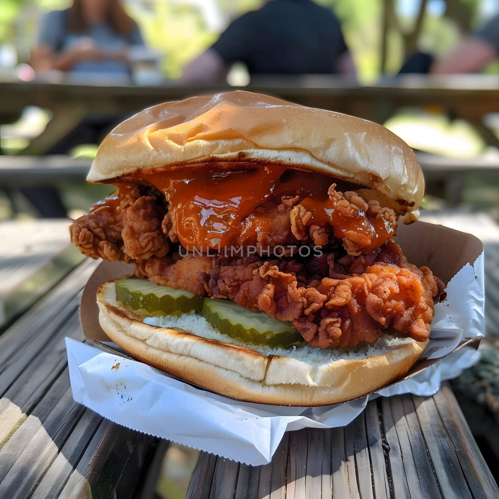 Close-up of a crispy fried chicken sandwich with pickles on a white paper wrap, against a wooden table background