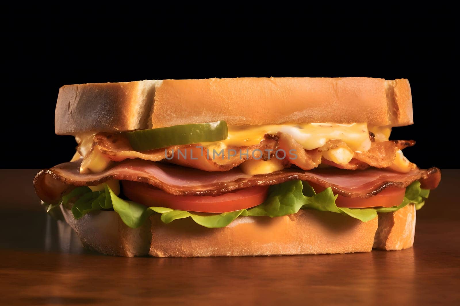 A mouthwatering sandwich with layers of ham, cheese, tomato, lettuce, and pickles, all piled high on a fluffy bread roll.