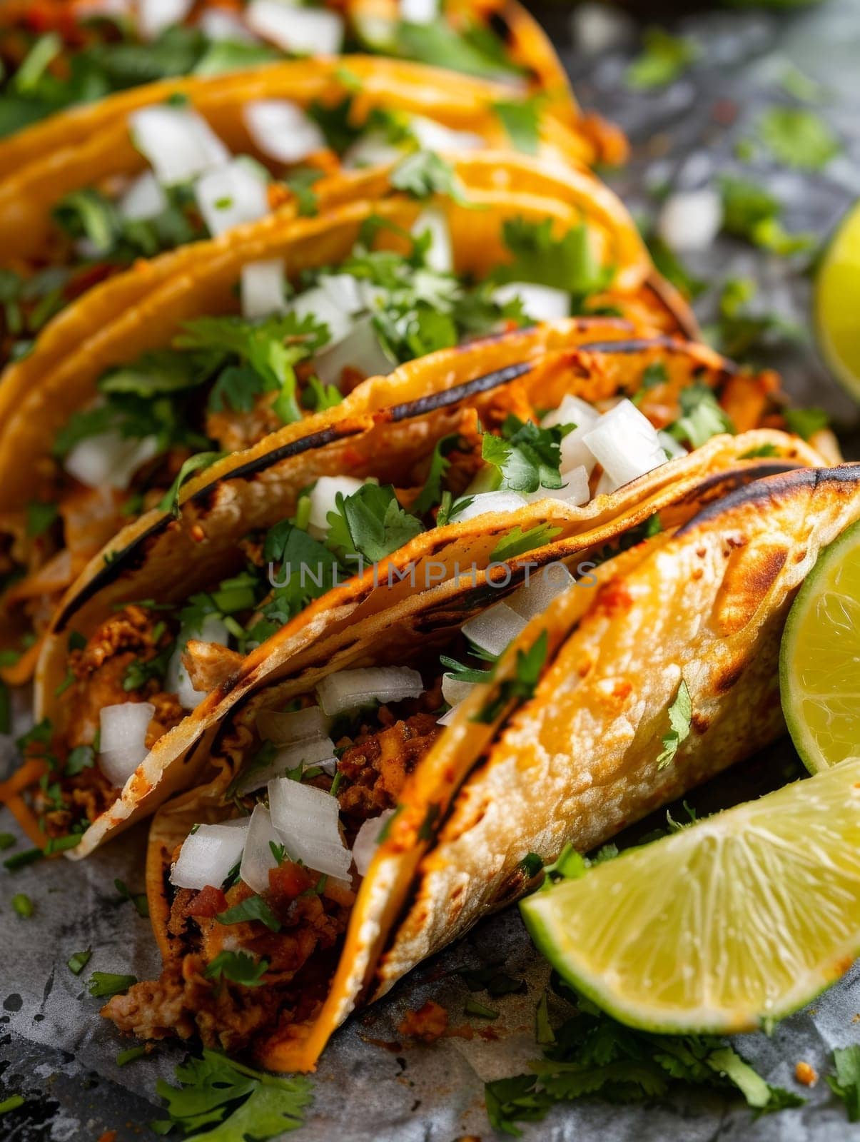A colorful and appetizing array of Mexican tacos garnished with fresh cilantro, onions, and tangy lime slices, showcasing the vibrant flavors of traditional cuisine