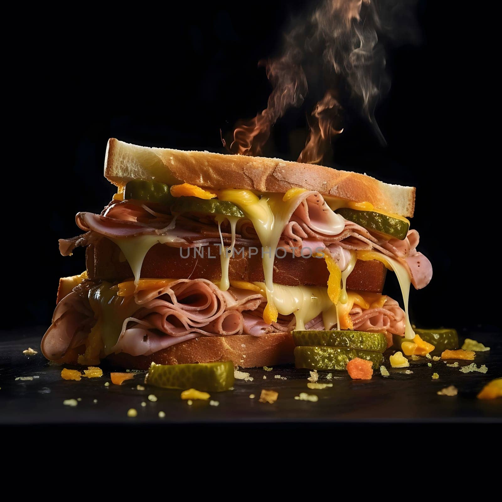 A mouthwatering melted cheese sandwich with layers of ham, pickles and a soft bread, is steaming on a black background