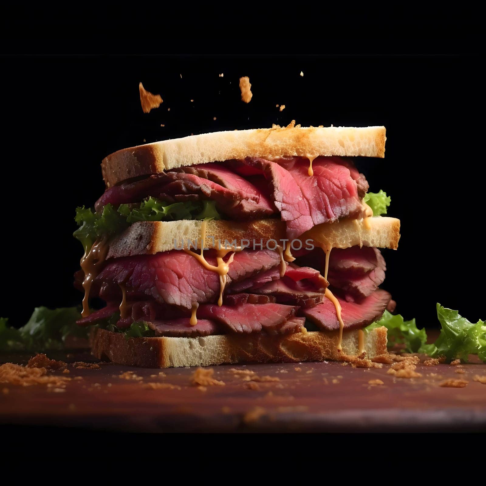 A close-up of a delicious roast beef sandwich with a dark background. The sandwich is stacked high with roast beef, lettuce, and a creamy sauce.