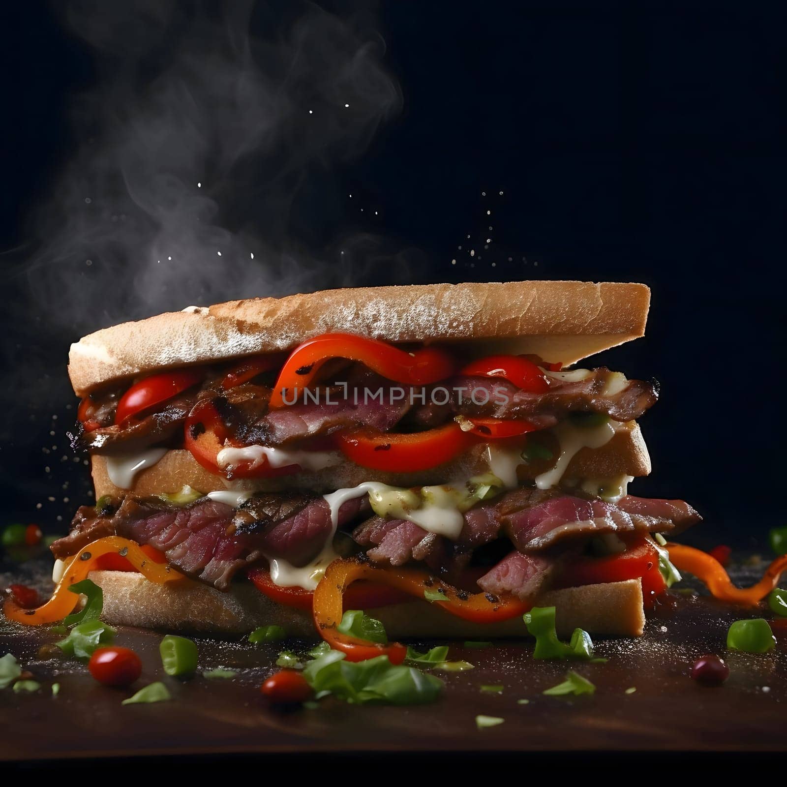 A mouthwatering steak sandwich piled high with red bell peppers, melted cheese, and juicy steak, all on a toasted bun.