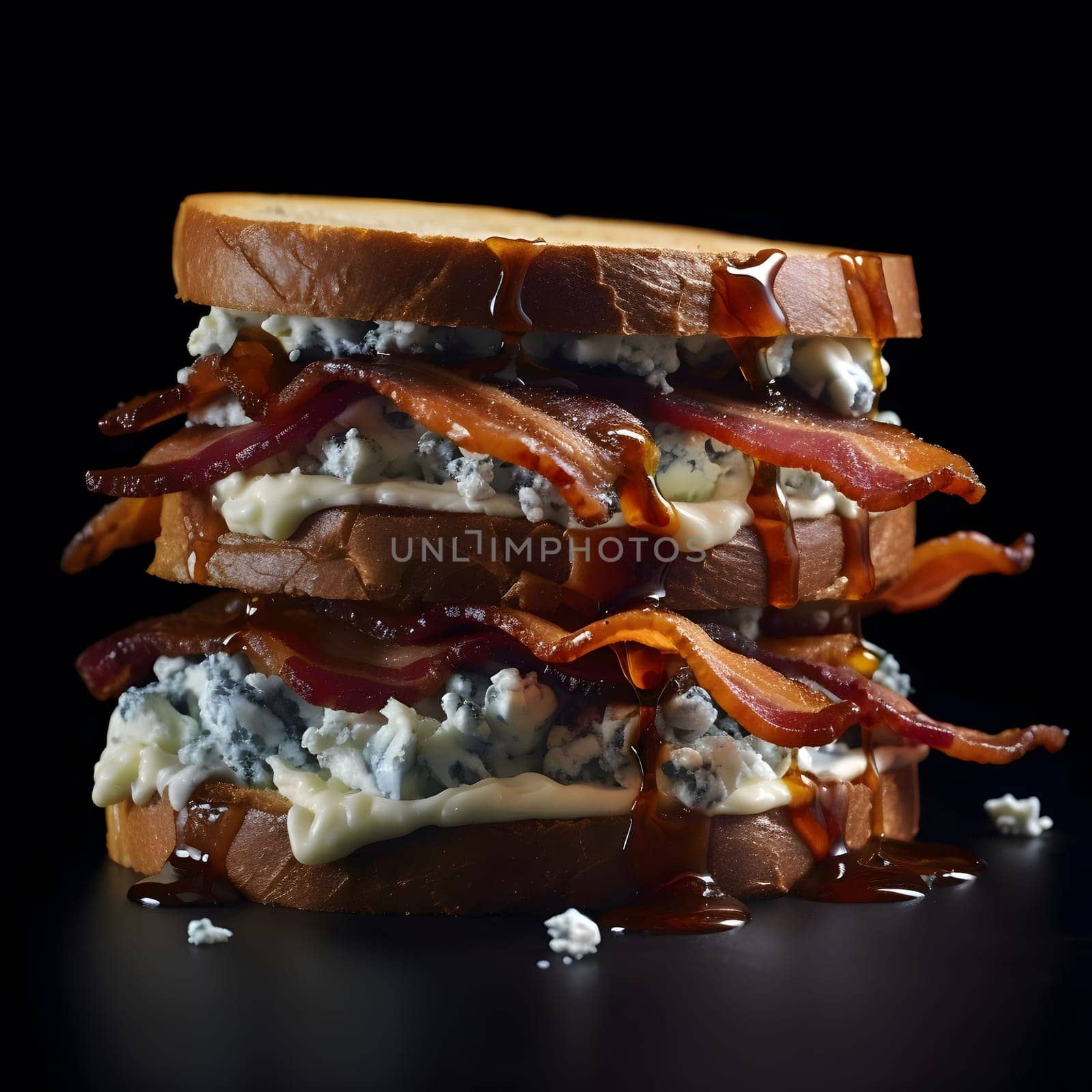 A close-up of a bacon, blue cheese, and maple syrup sandwich. The sandwich is grilled and has a crispy exterior with a gooey and melted interior. The bacon is cooked to a crispy texture and the blue cheese is melted and bubbly.
