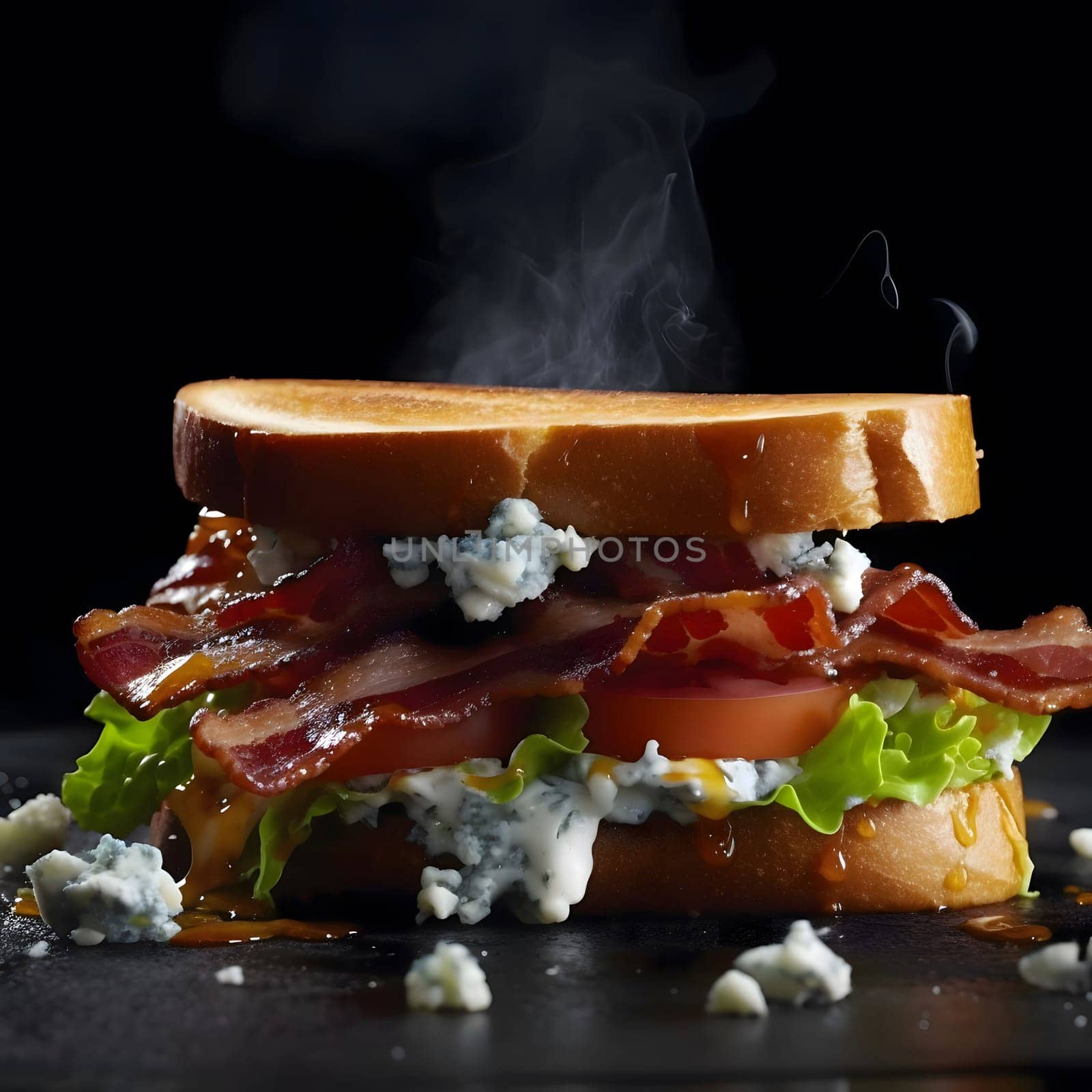 A close-up of a delicious bacon, lettuce, and tomato sandwich with blue cheese. The sandwich is steaming, and the ingredients are fresh and flavorful.