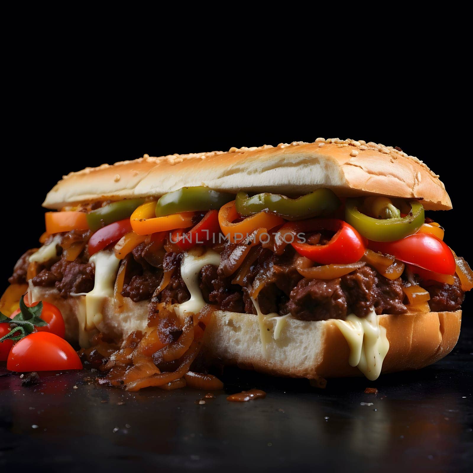 A close-up shot of a Philly Cheesesteak sandwich with peppers and onions, showcasing the fresh ingredients and deliciousness of the dish.