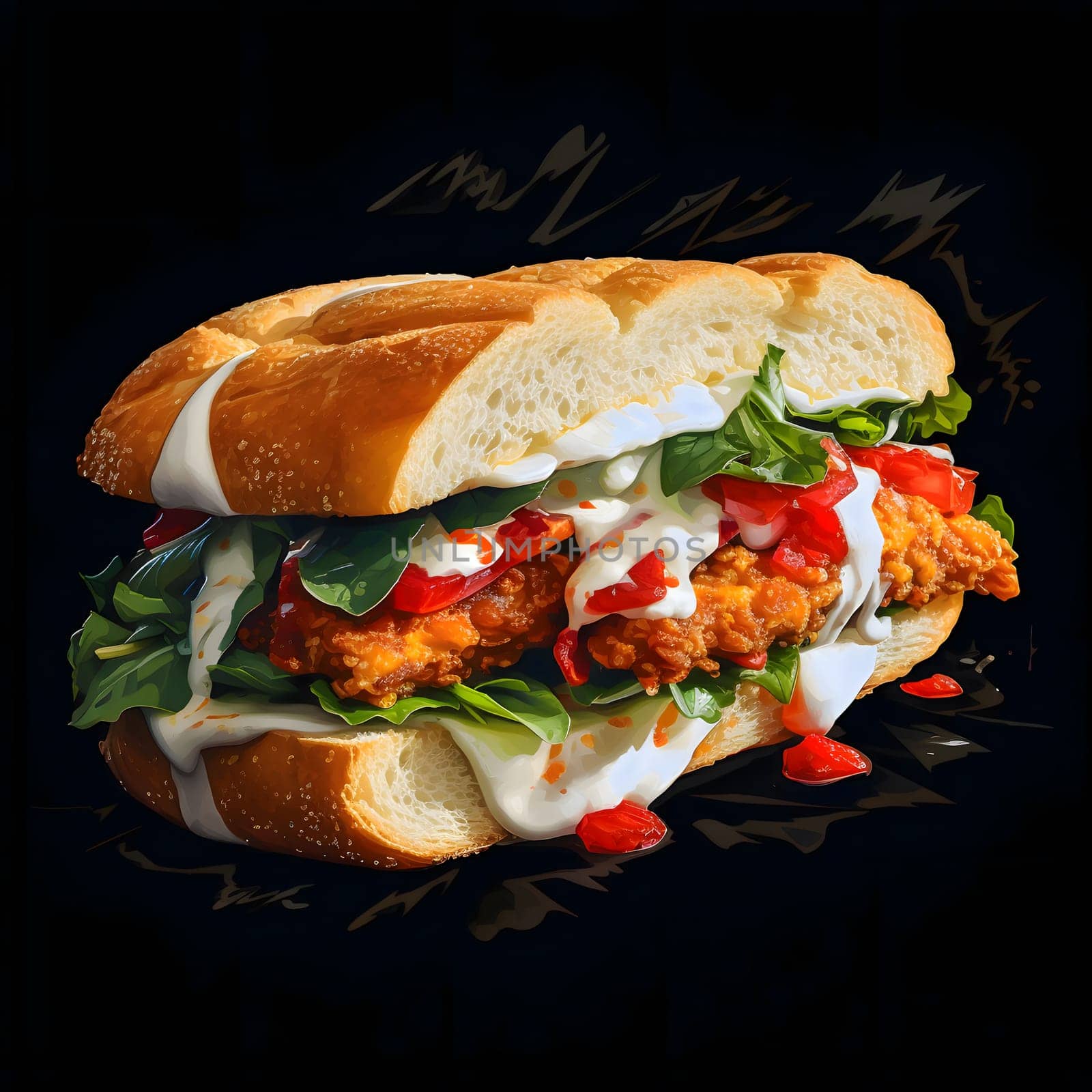 A close-up of a mouthwatering fried chicken sandwich with creamy sauce. The crispy chicken is nestled between soft bread, with fresh lettuce and tomatoes adding a vibrant touch.