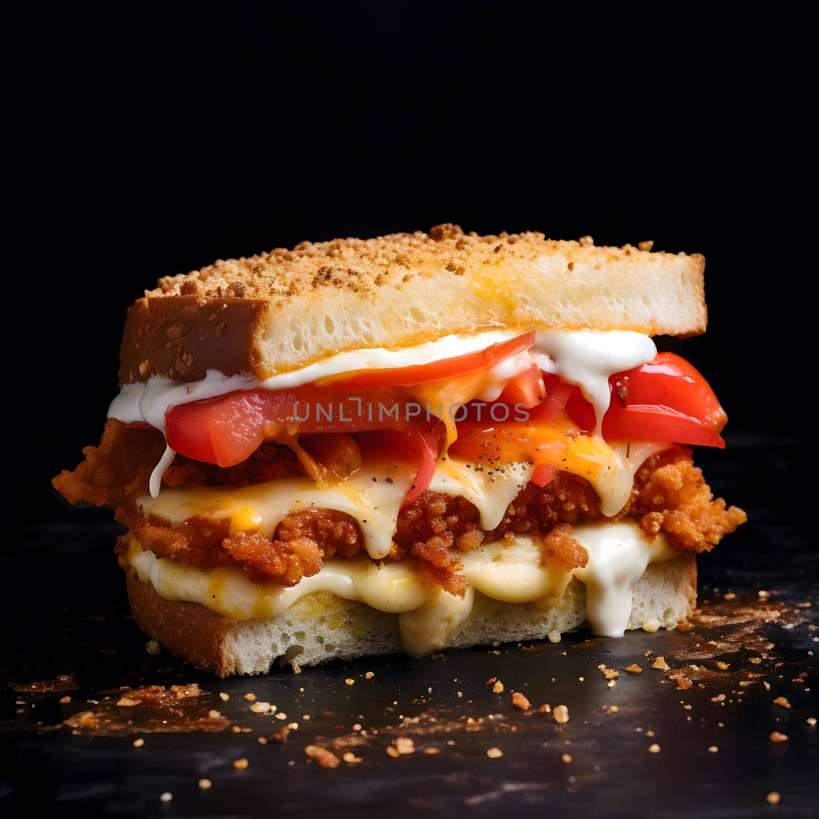 A close-up view of a crispy chicken sandwich with juicy tomatoes, melted cheese, and a creamy sauce. The sandwich is presented on a black background.