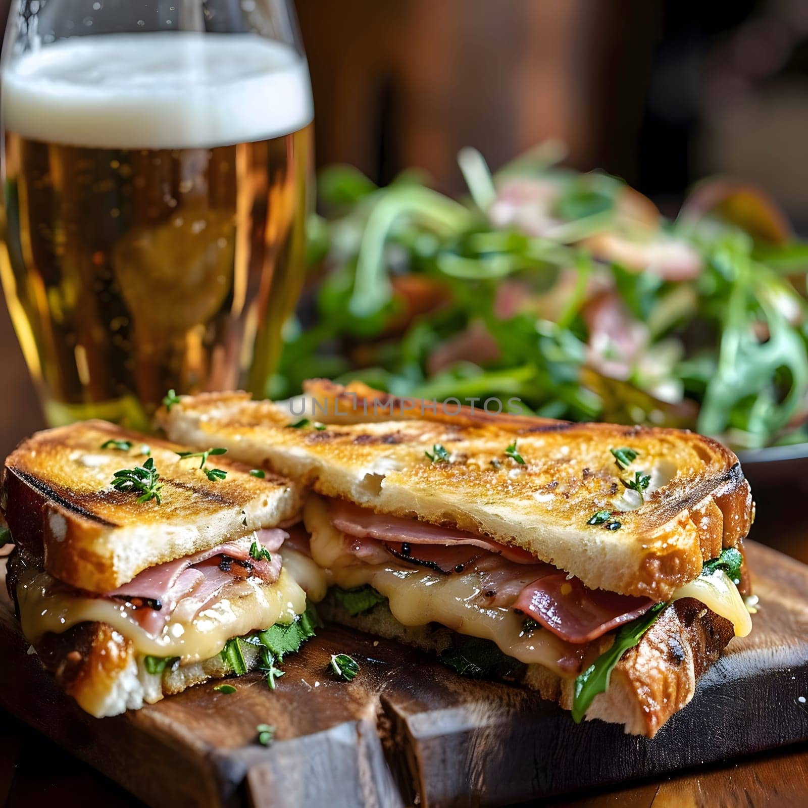Close up of two grilled ham and cheese sandwiches on a wooden board, with a glass of beer in the background.