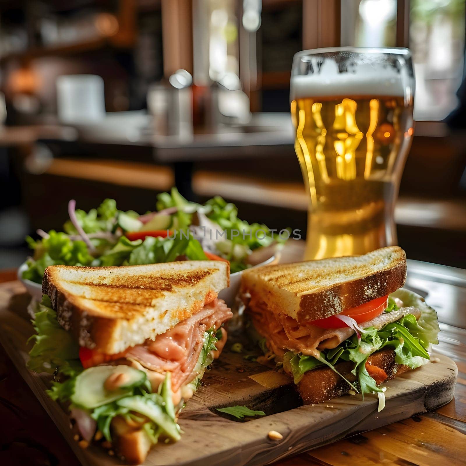 A close up shot of two delicious sandwiches with fresh ingredients, served on a wooden board with a glass of beer in the background.