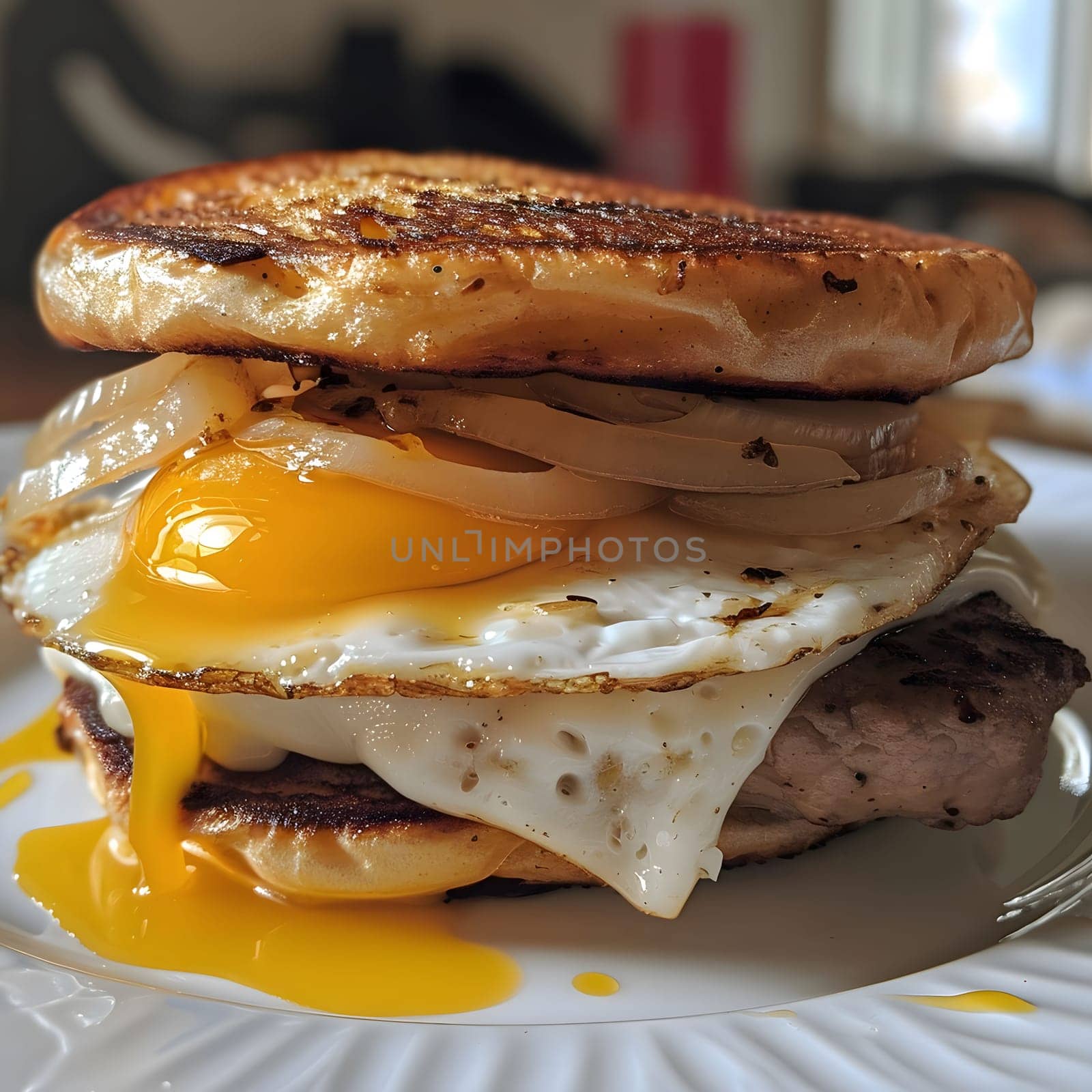 A mouthwatering pancake sandwich topped with a fried egg, crispy onions, and a runny yolk.