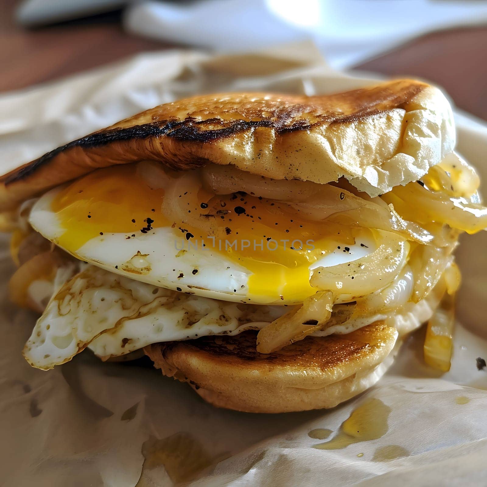 Close-up shot of a delicious egg sandwich with caramelized onions. The sandwich is made with a toasted bun, fried eggs, and caramelized onions. It is a perfect breakfast or lunch option.