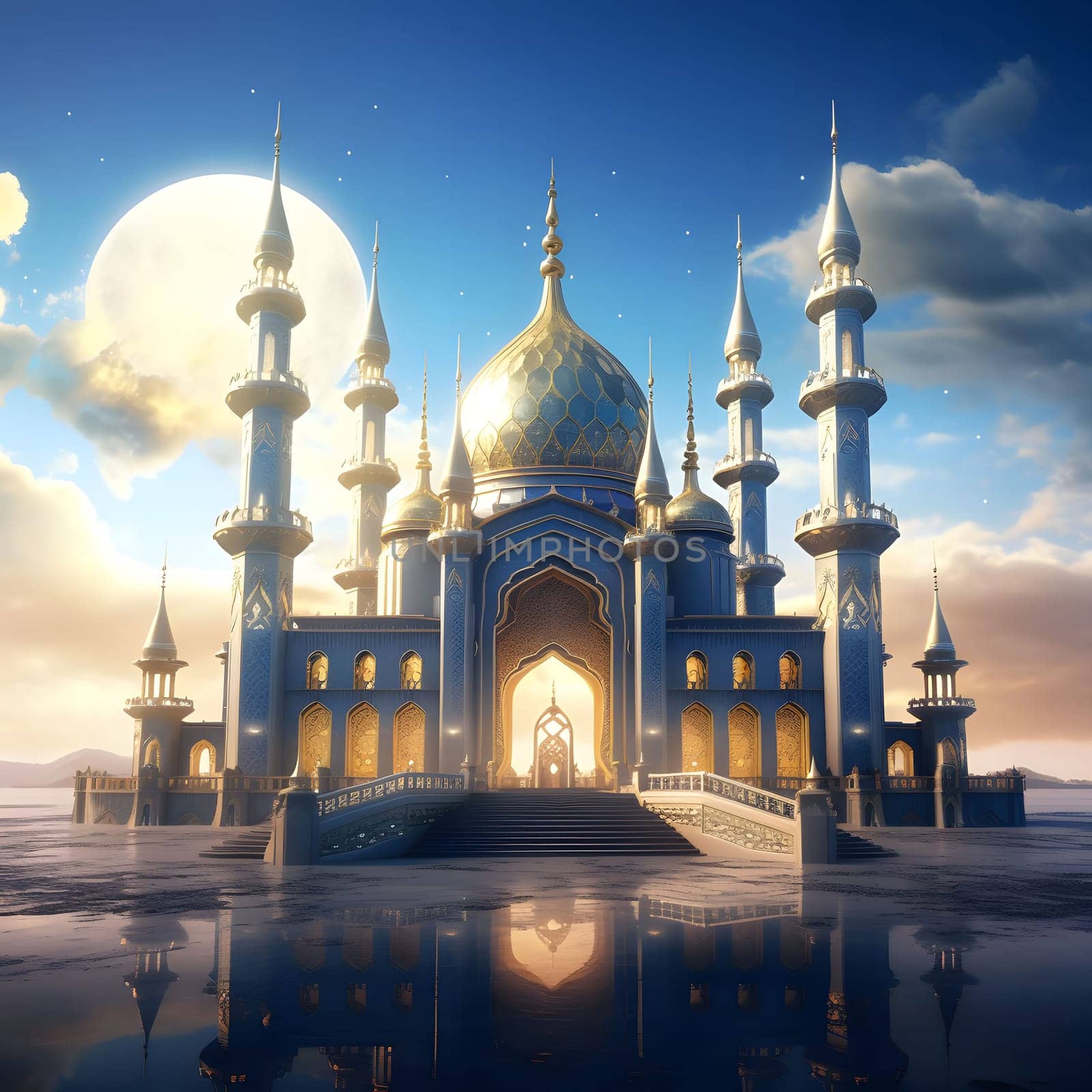 A majestic mosque with golden domes and blue minarets stands tall under a moonlit sky, reflecting in the still water. The intricate details and grand design evoke a sense of spirituality and awe.