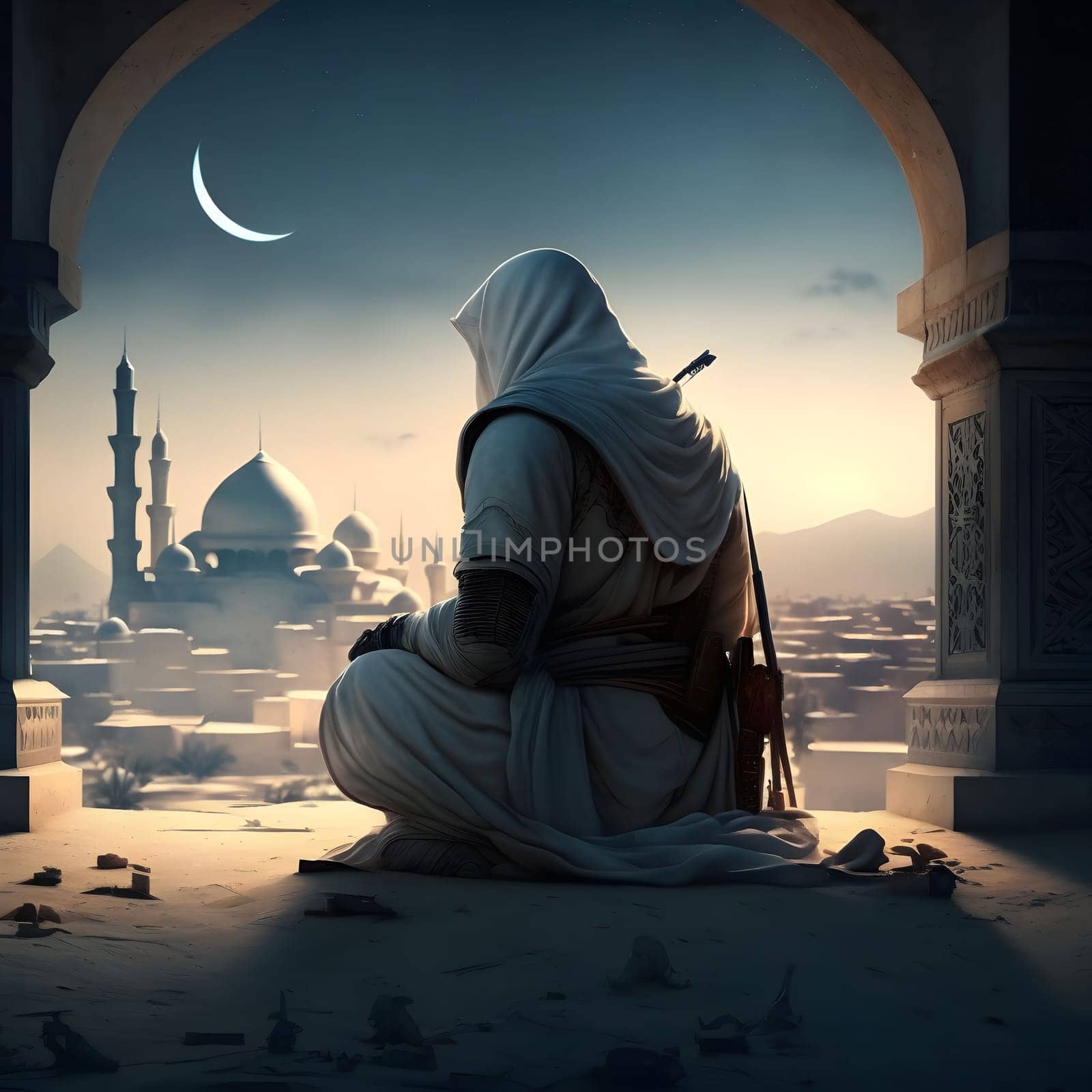 A lone figure in a white robe sits on a ledge with a view of a cityscape, suggesting contemplation and introspective thought