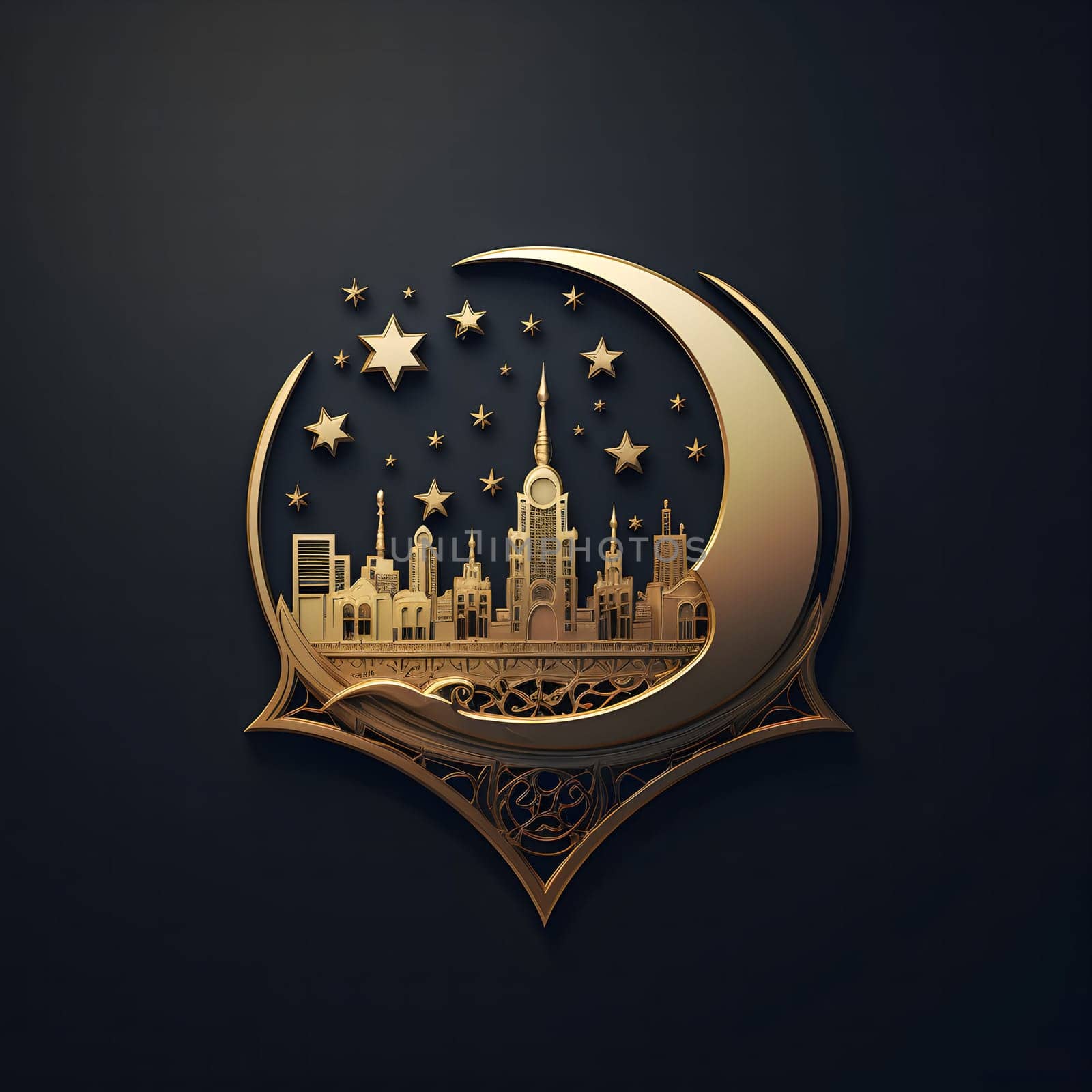 A golden crescent moon with stars, framing a cityscape silhouette against a dark background.