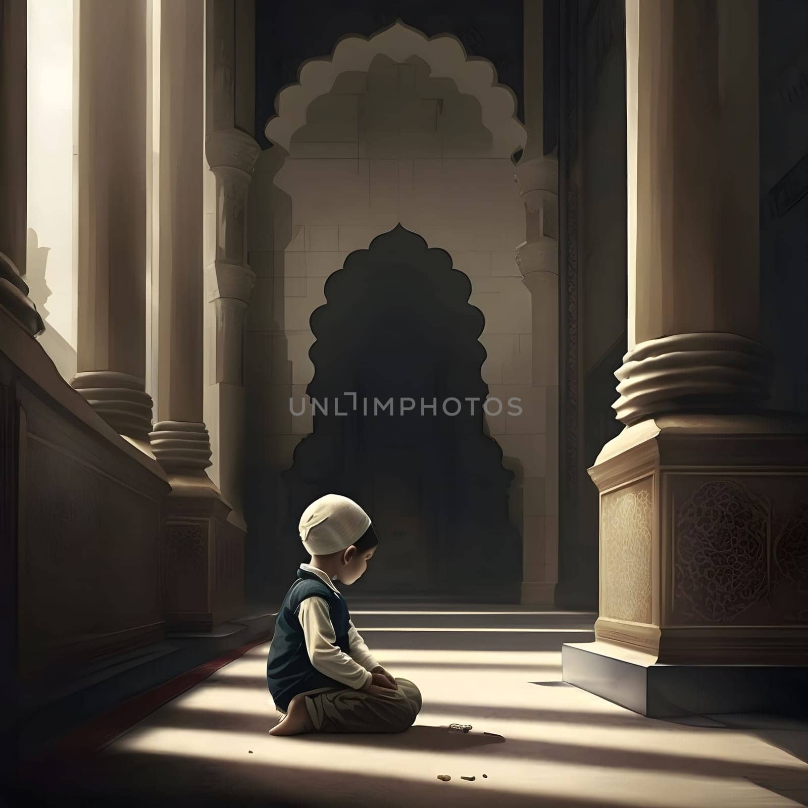 A young boy is kneeling in prayer inside a mosque, surrounded by the intricate architecture and peaceful atmosphere.