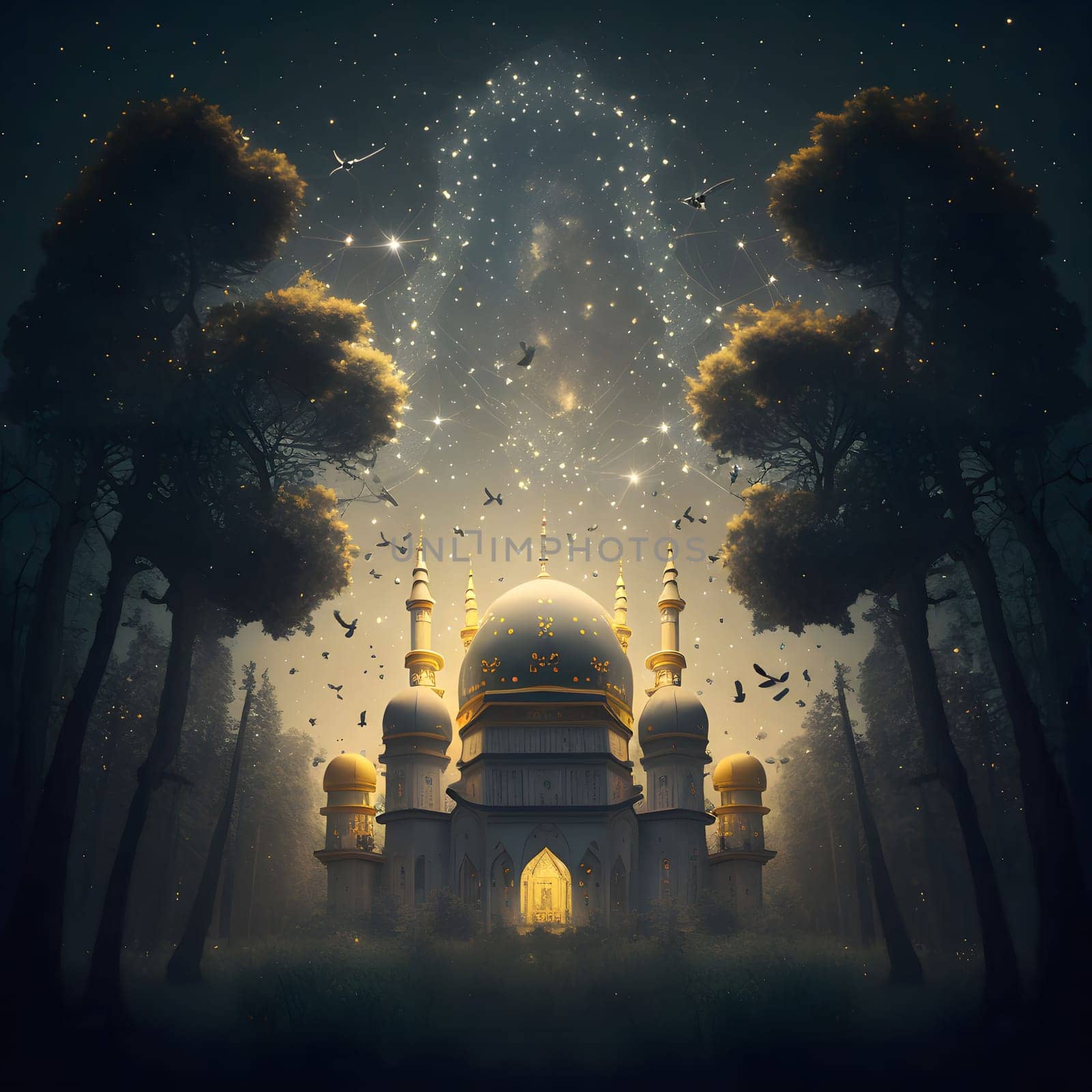 A mystical temple glowing in the night surrounded by a dark forest and a starlit sky.