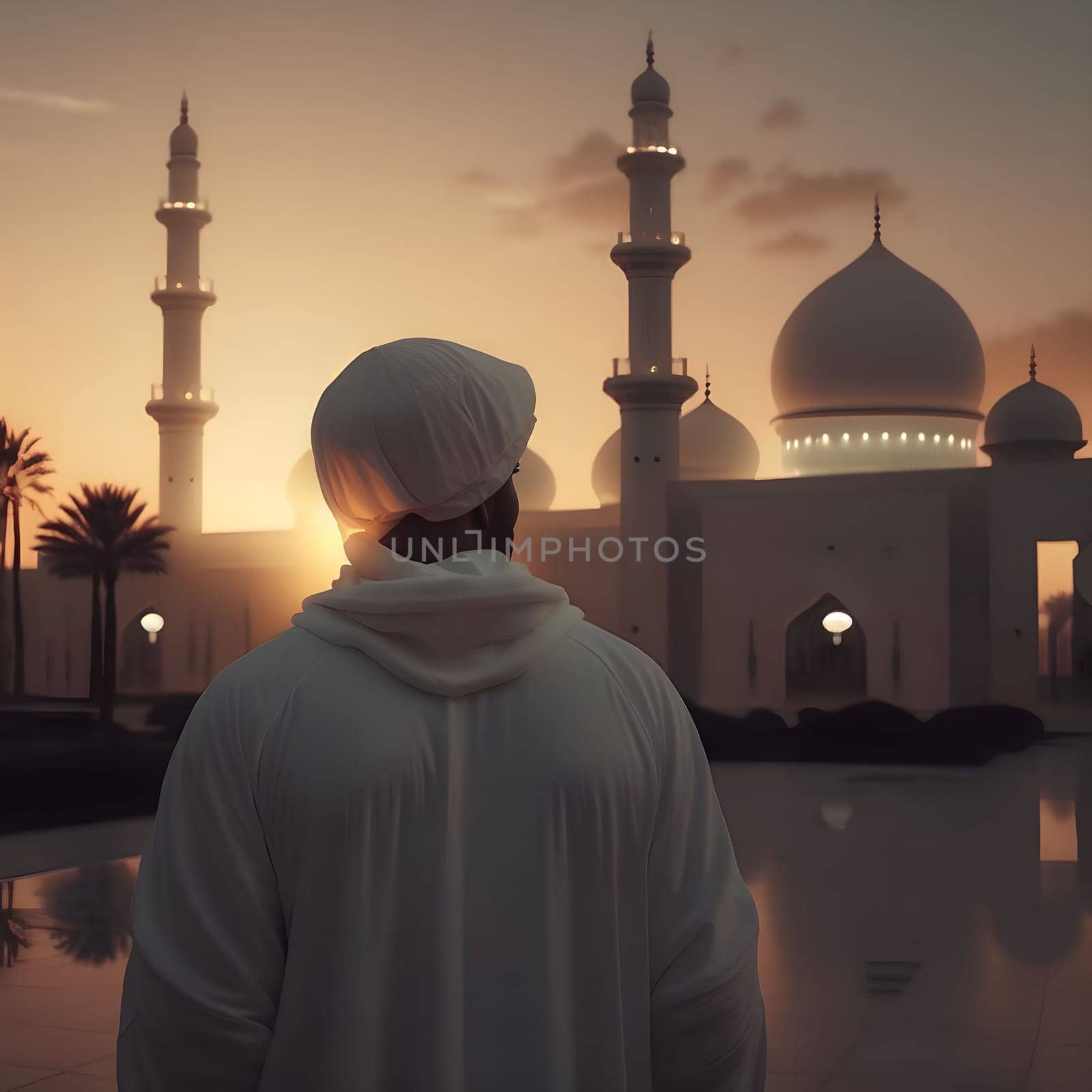 A man in traditional clothing stands in front of a magnificent mosque, bathed in the golden glow of the setting sun. The image captures a moment of peaceful contemplation and devotion.