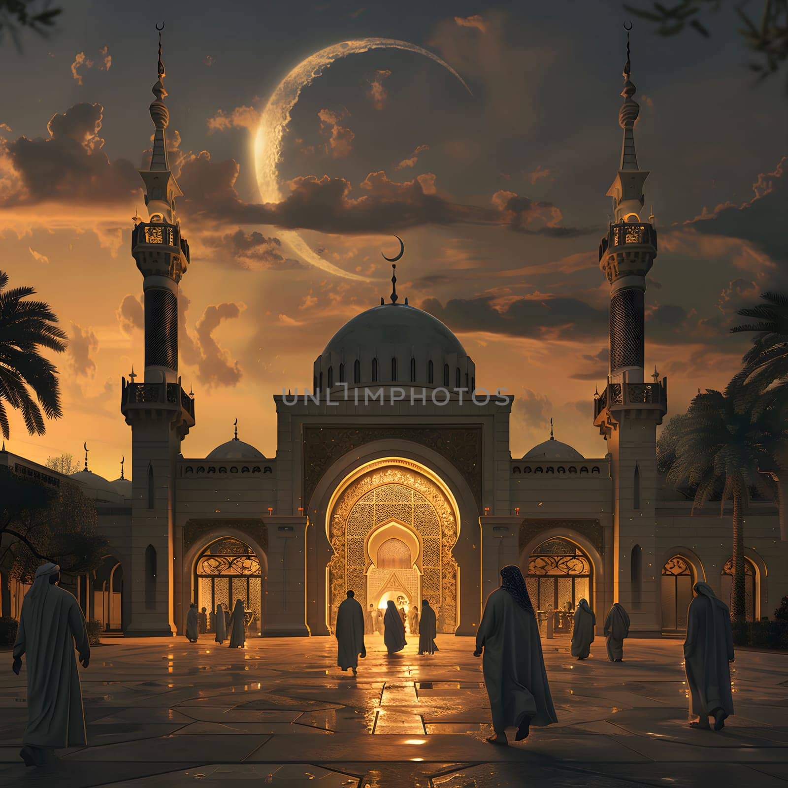 A majestic mosque bathed in the warm glow of dusk, with a crescent moon shining brightly in the sky. The intricate details of the architecture and the peaceful atmosphere create a sense of serenity and spirituality.