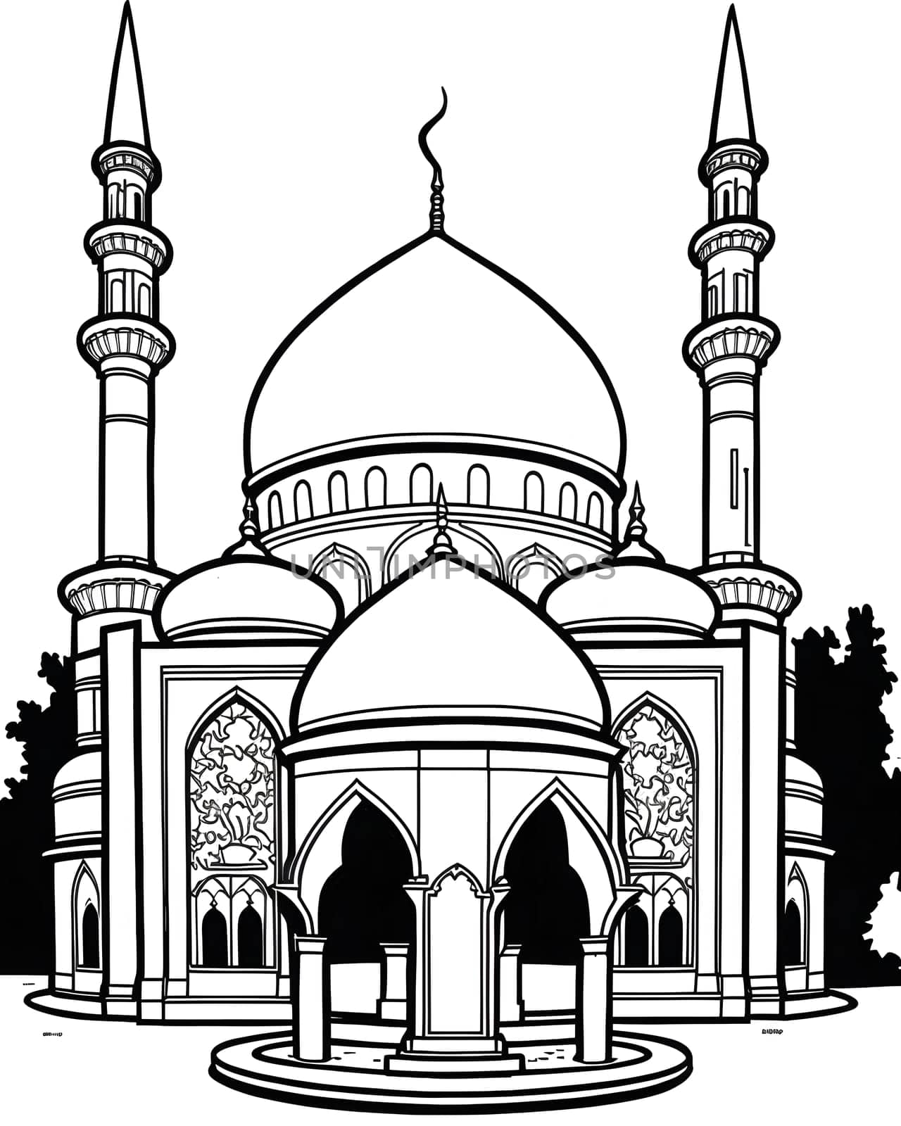 A black and white illustration of a mosque, featuring detailed architecture and minarets. It depicts a prominent Islamic place of worship.