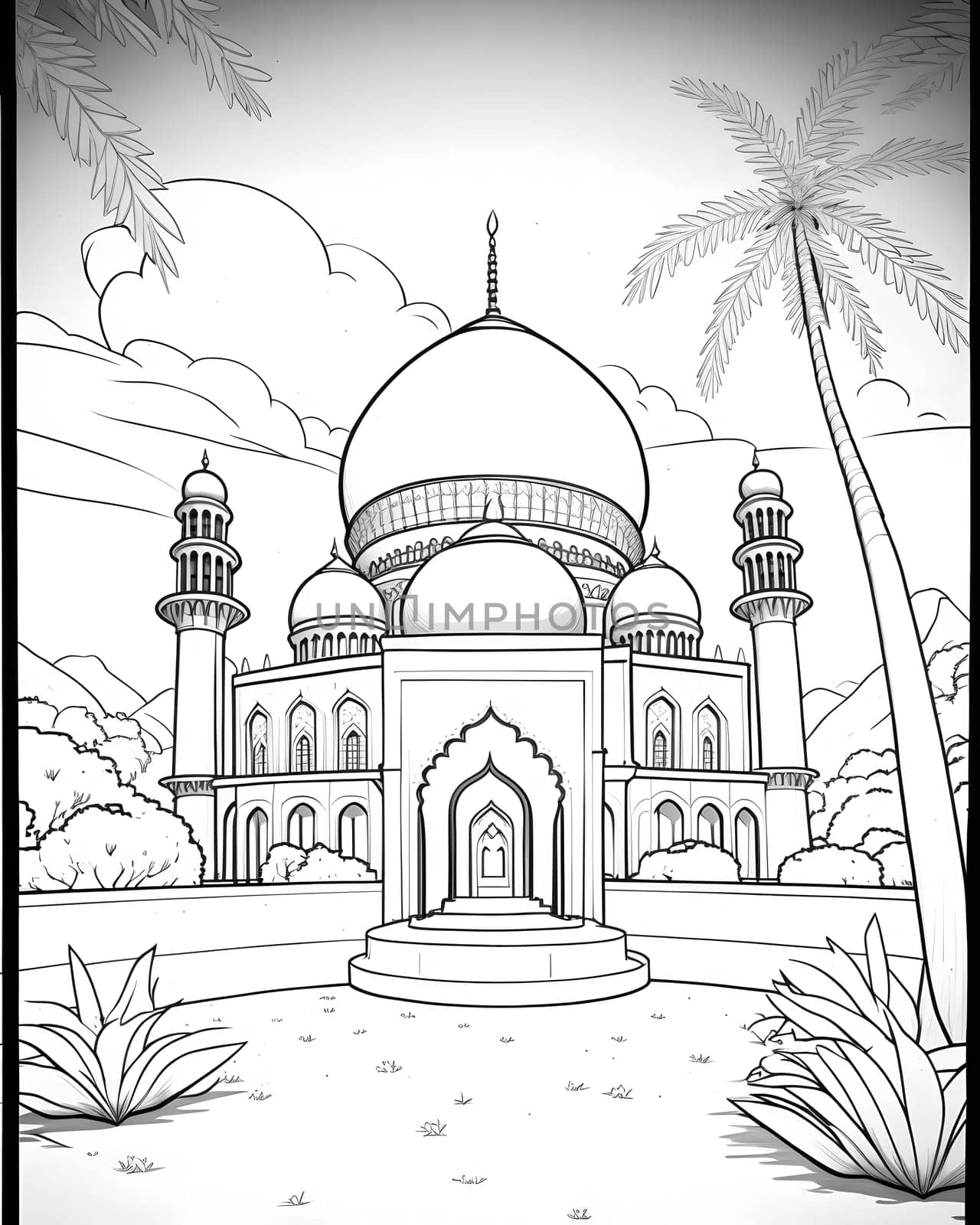 A black and white illustration depicting a mosque with palm trees in the background.