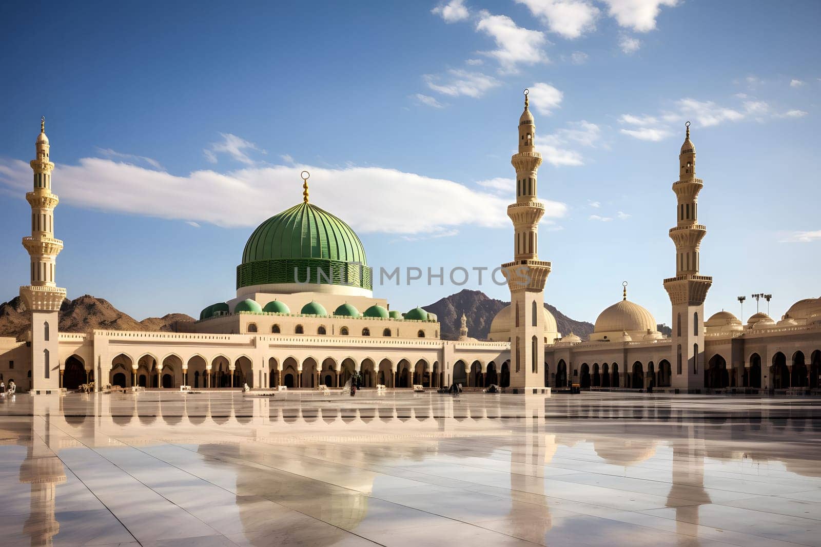 A grand mosque with a green dome and tall minarets in the Middle East. The mosque is surrounded by a courtyard with a reflective floor, creating a beautiful and serene atmosphere.
