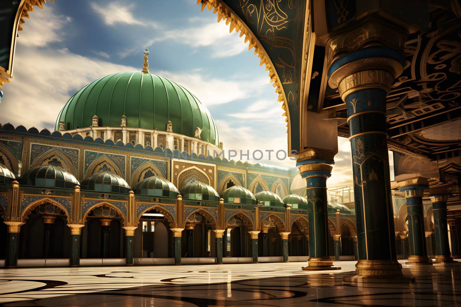 A stunning view of a mosque with a large green dome and intricate details. The courtyard is surrounded by columns and arches, showcasing beautiful Islamic architecture.