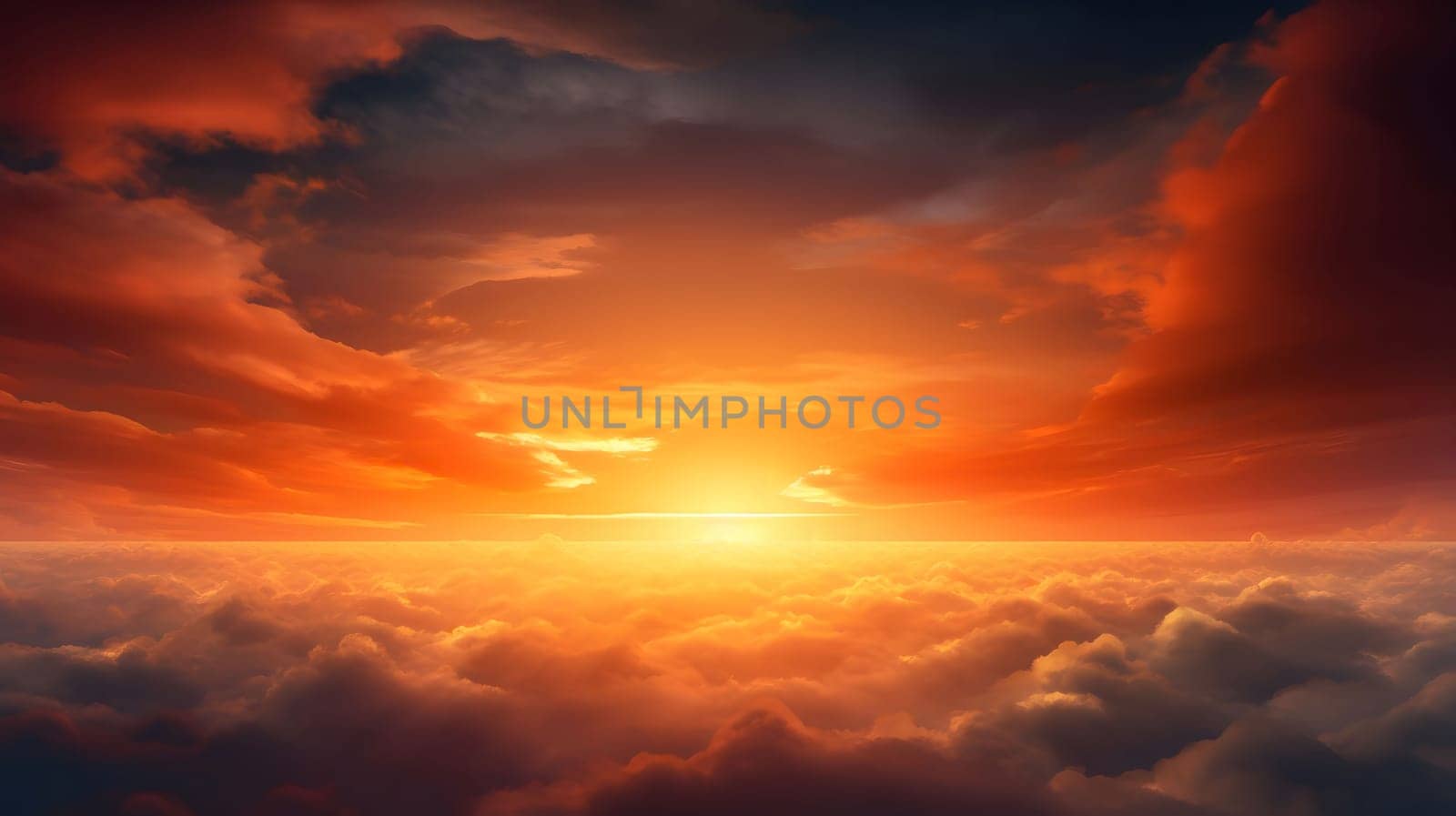 A breathtaking view of a fiery sunset above a sea of clouds. The vibrant colors paint the sky in a mesmerizing display of nature's beauty.