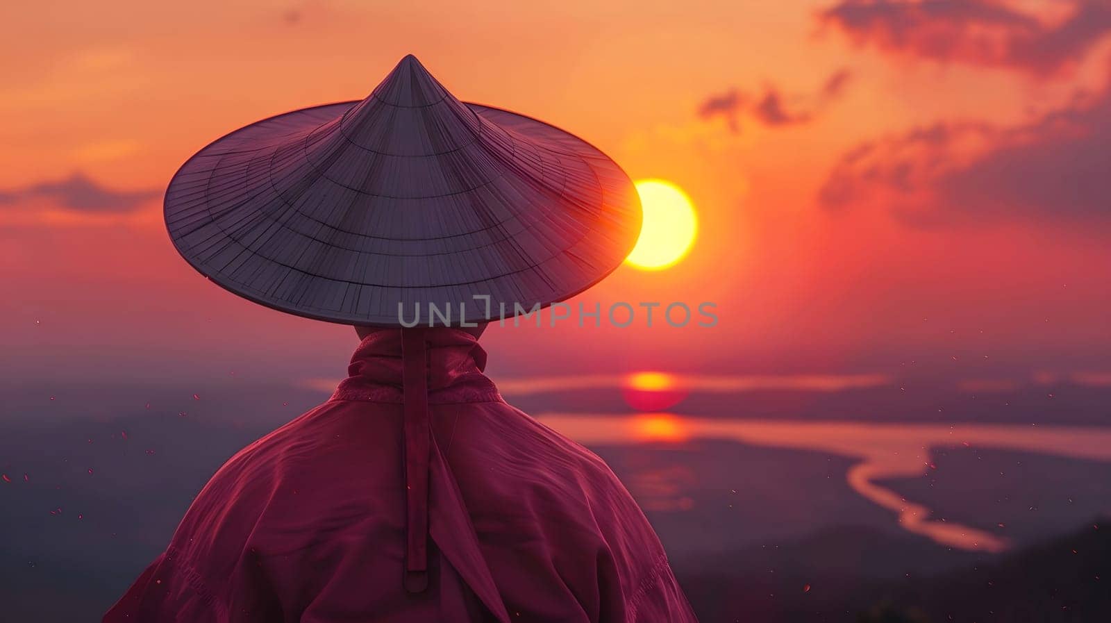 A silhouette of a person wearing a traditional hat, standing against a breathtaking sunset, looking out over a scenic landscape.
