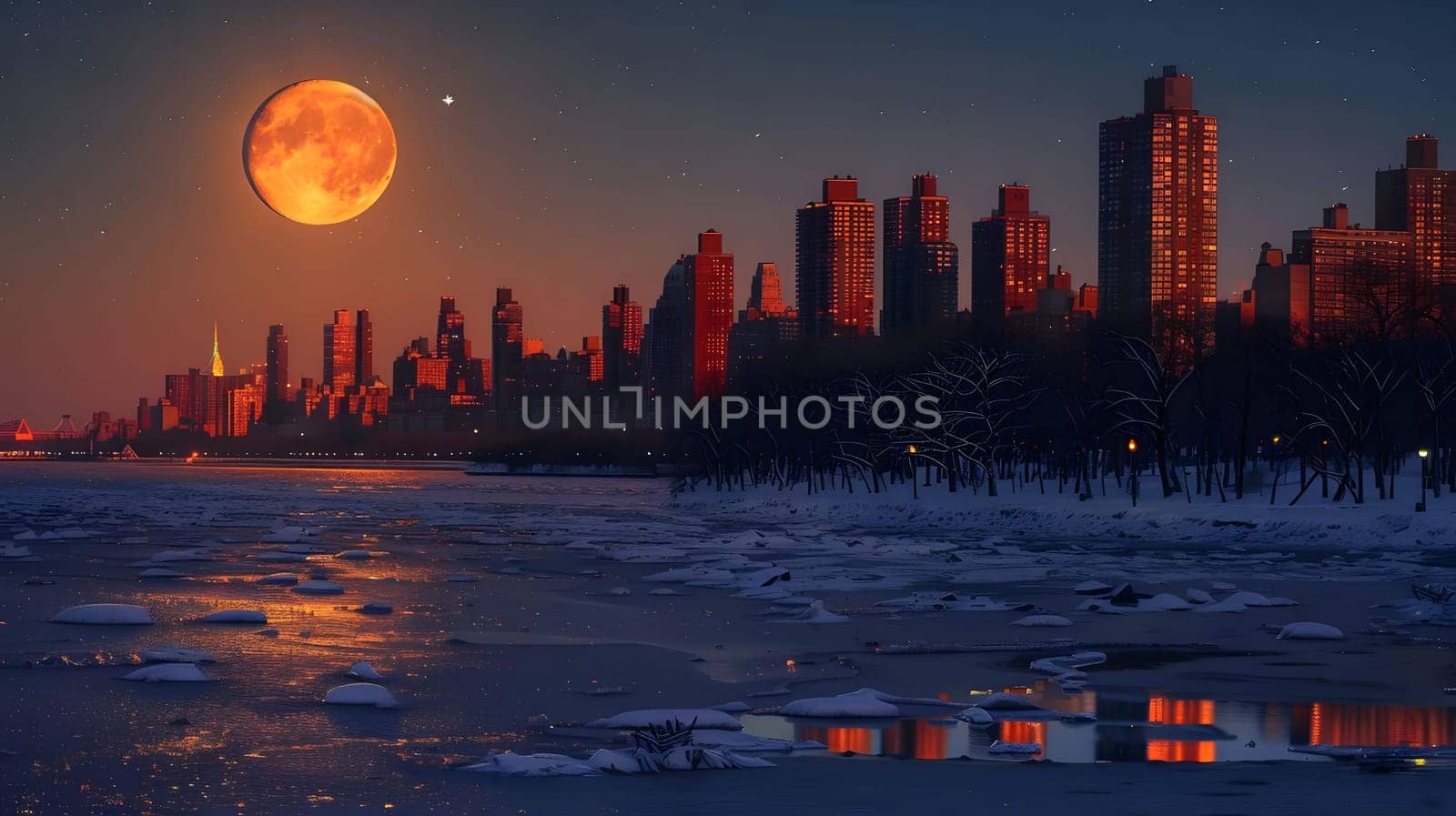 The iconic NYC skyline is illuminated by a massive red moon, reflected in the frozen water. The scene captures the serenity of a winter night in the city.