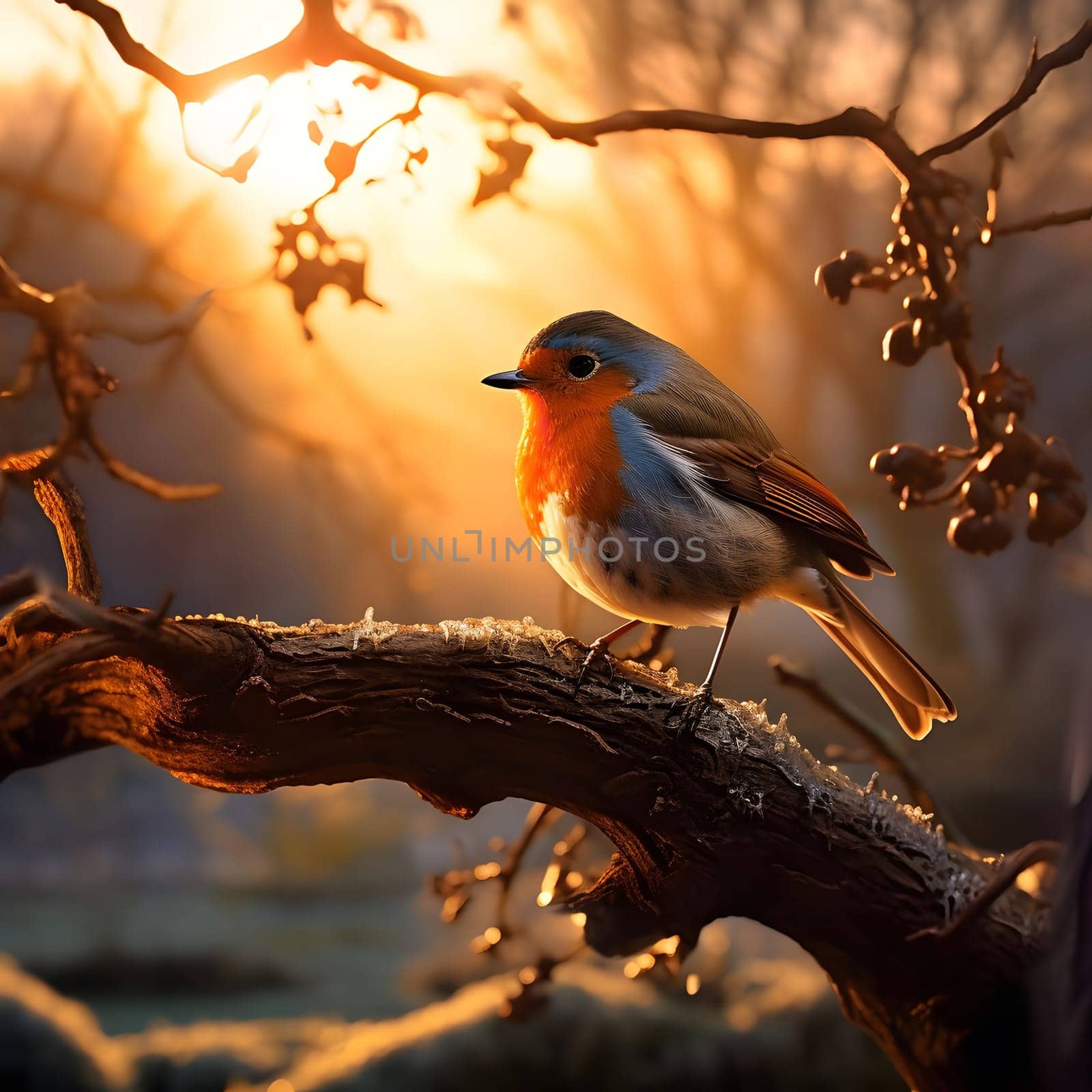 A small robin perches on a branch with the golden morning light illuminating its feathers.