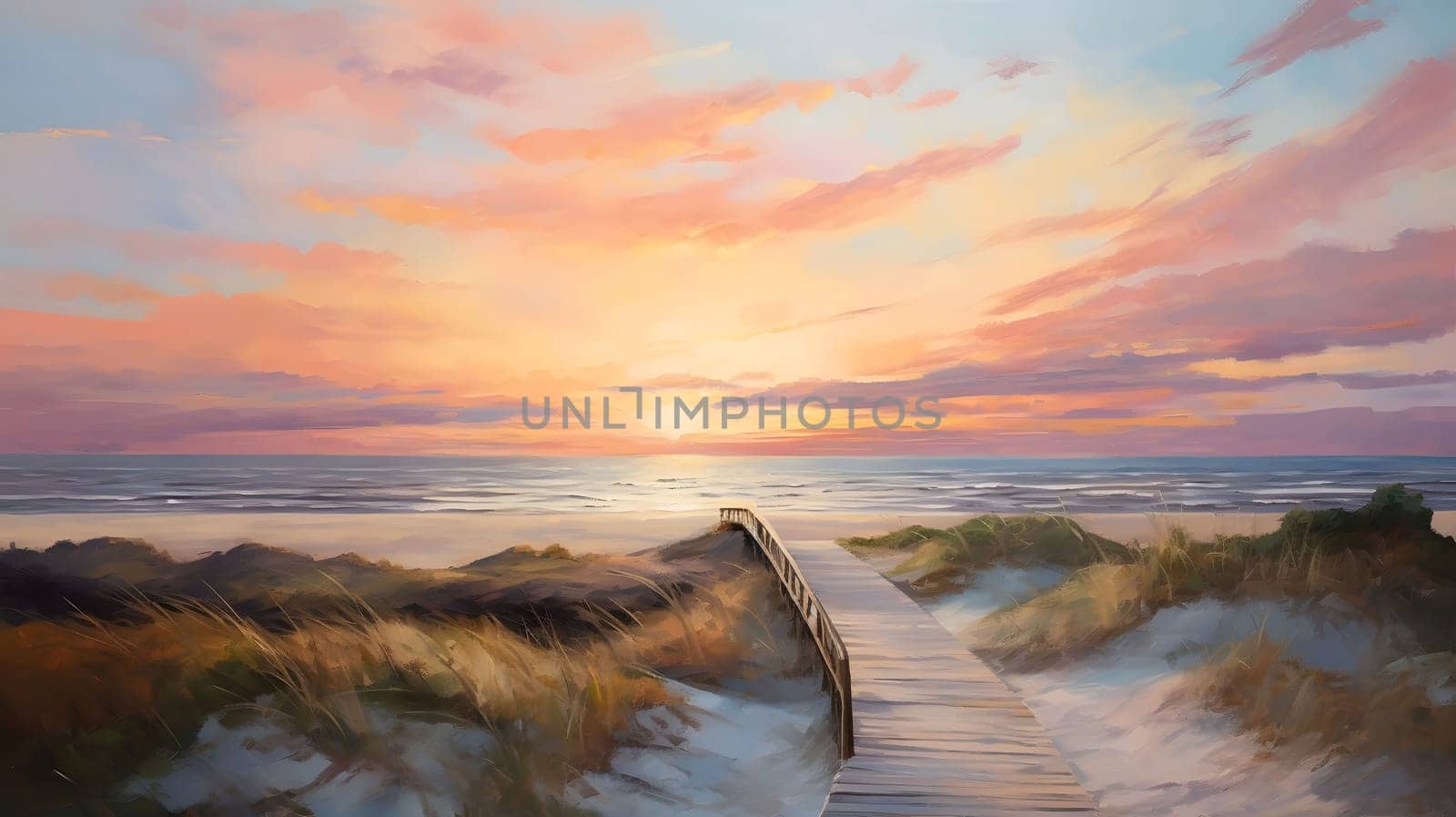 A beautiful sunset over a beach with a wooden bridge leading to the horizon. The sky is a mix of pink, orange, and yellow, and the water is calm and serene.
