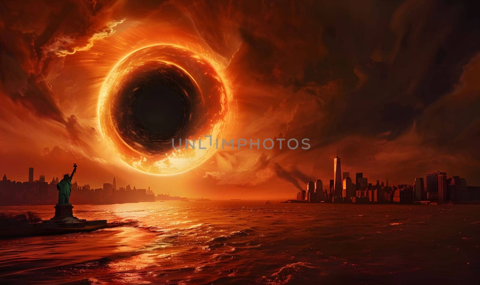 A fiery sunset illuminates a cityscape with an ominous, apocalyptic aura as a massive black hole descends.