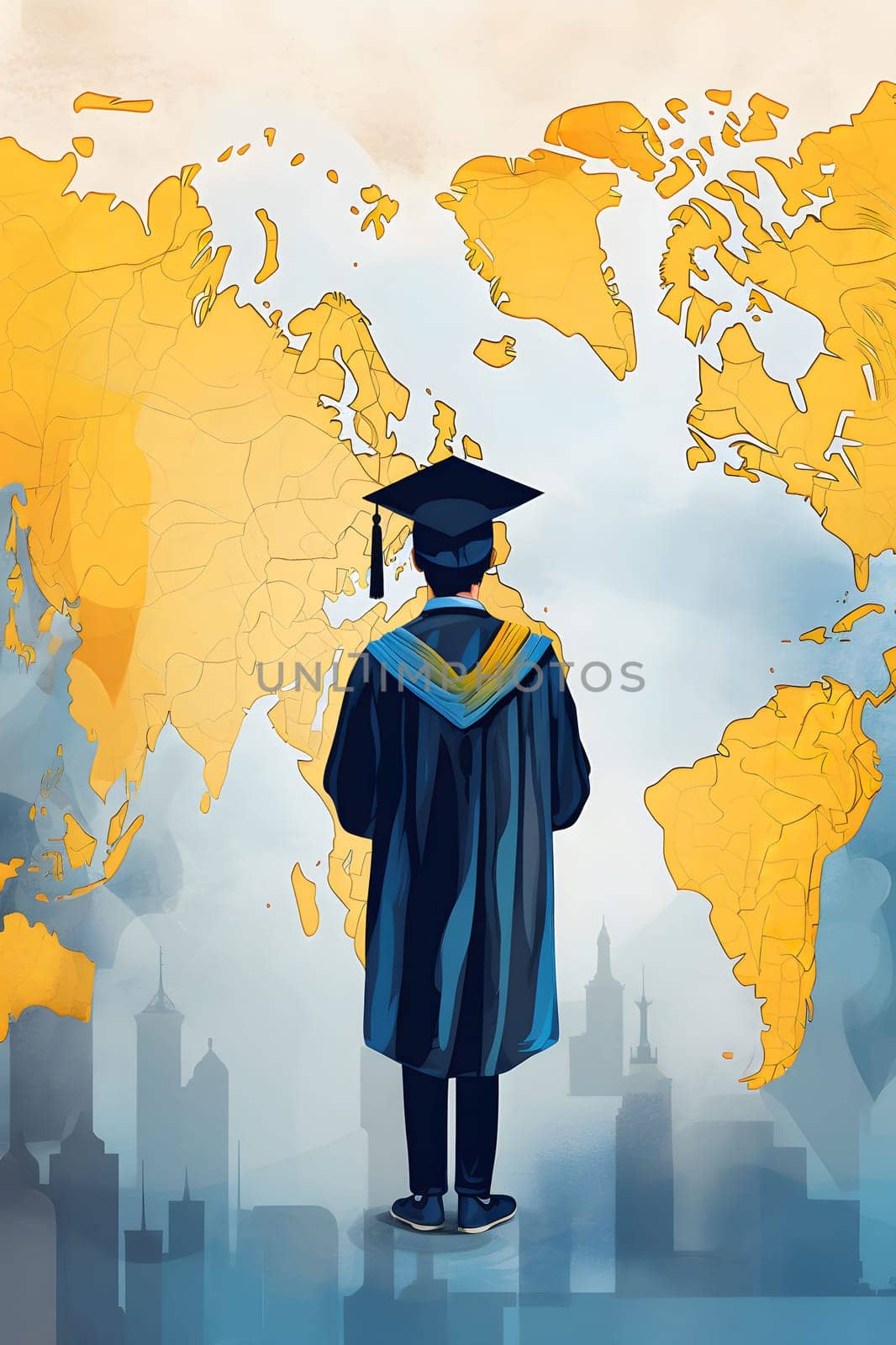 A graduate in a cap and gown stands facing a world map, symbolizing a future full of possibilities and global opportunities.