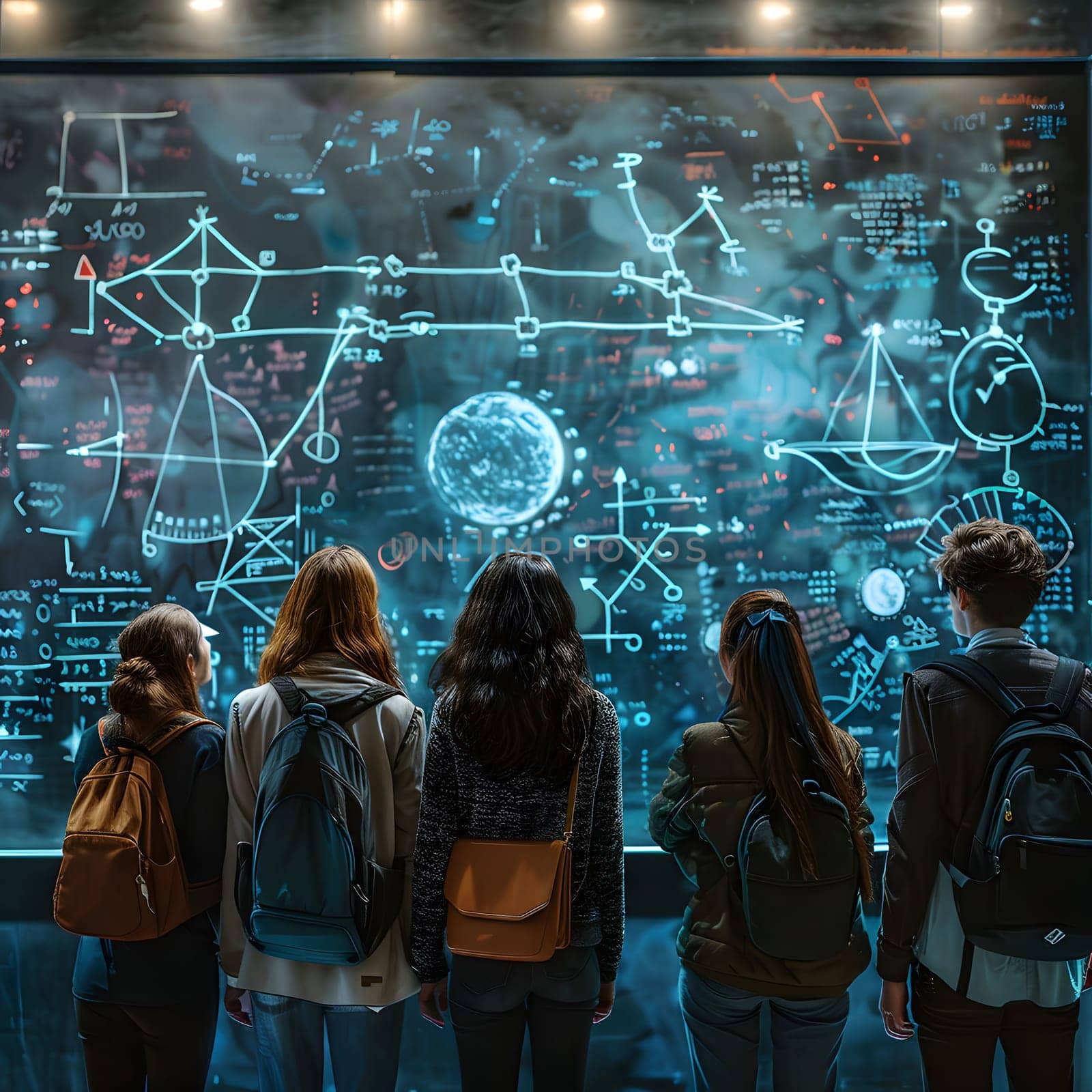 Five students stand in a classroom, facing a blackboard covered in science-related drawings, discussing and learning new concepts.