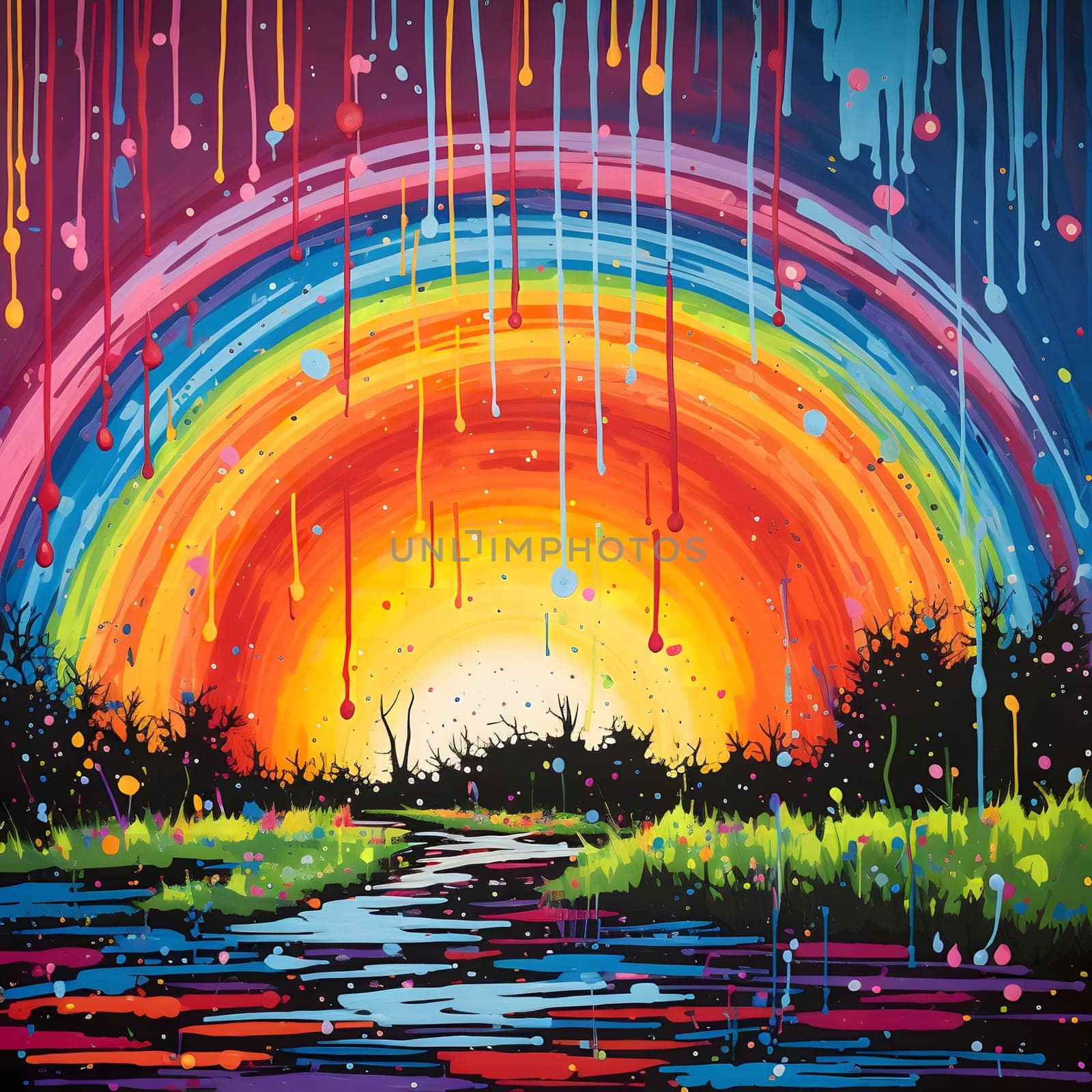 A vibrant abstract painting depicting a rainbow sunset with colorful drips, creating a dreamlike and colorful landscape.