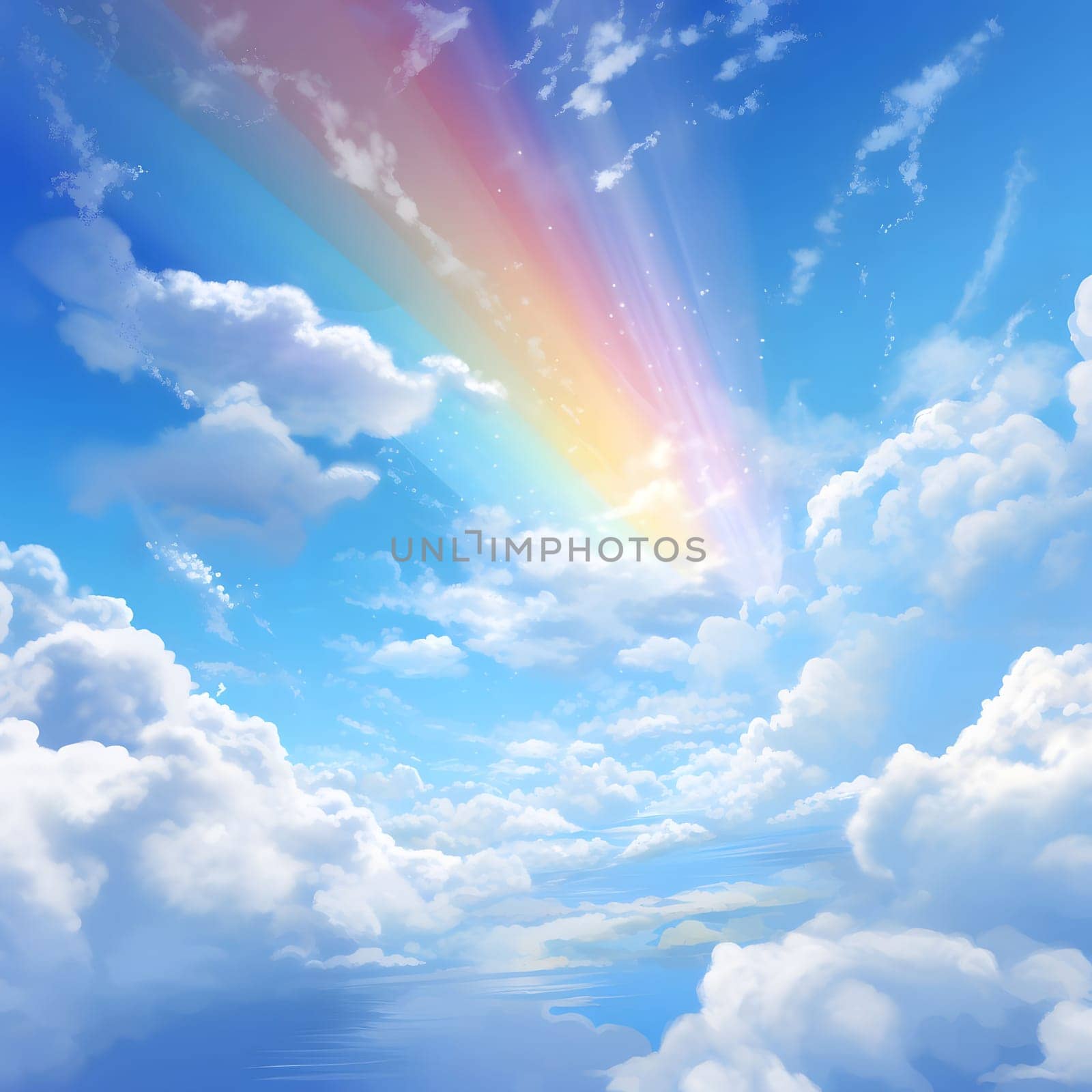 A stunning view of a rainbow in a clear blue sky, adorned with fluffy white clouds. The scene evokes a sense of peace and tranquility.