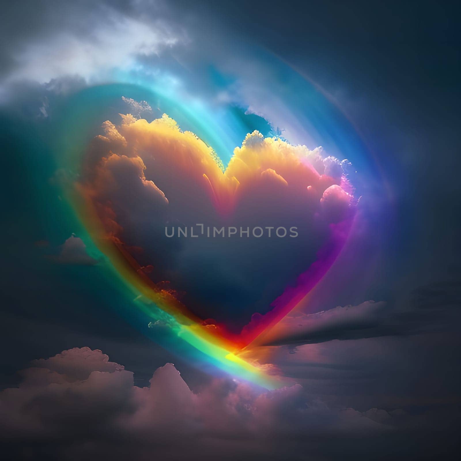 A vibrant rainbow shaped like a heart in the sky, surrounded by fluffy clouds, evoking feelings of love, hope, and joy.
