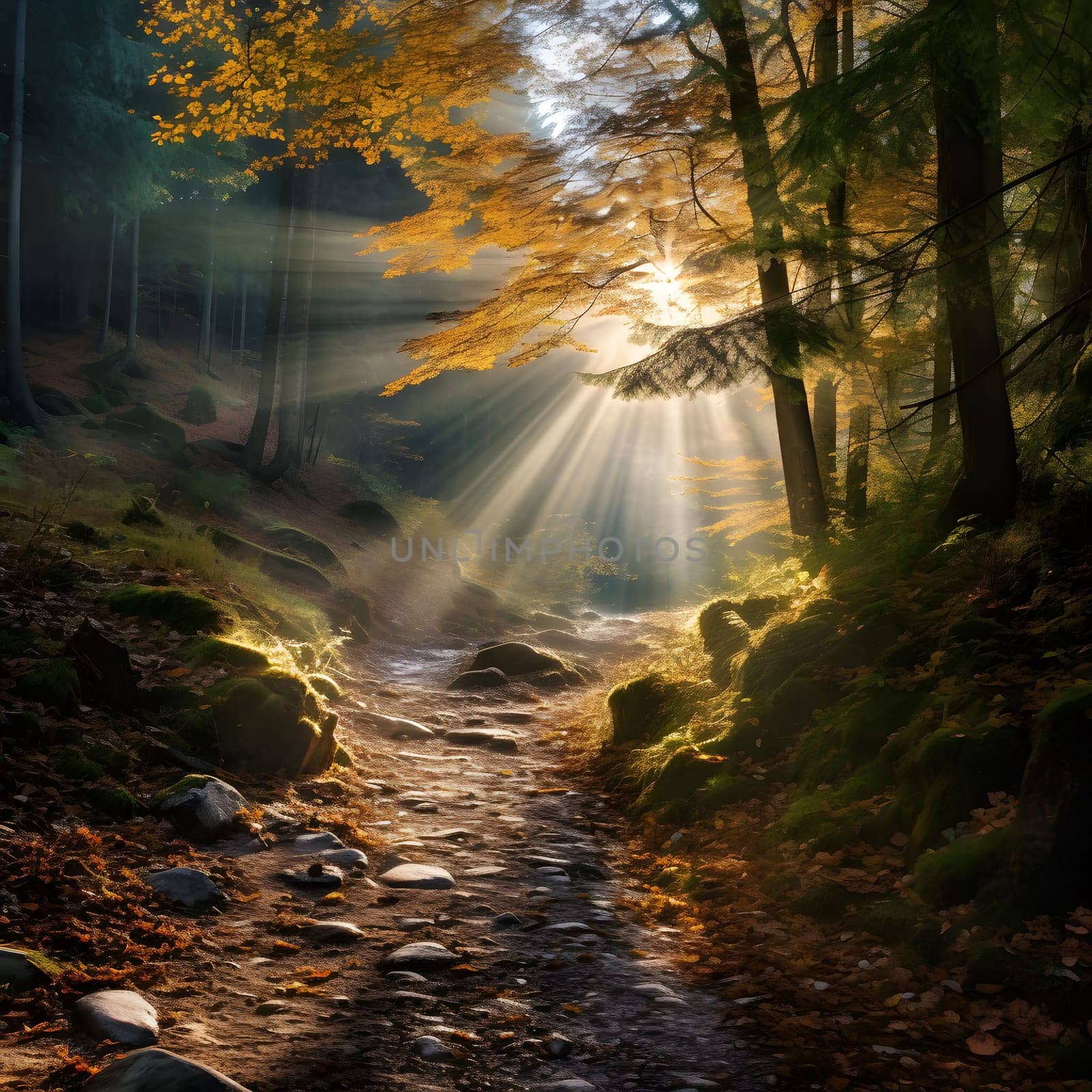 A path through a forest, sunlight breaking through the trees, creating a magical atmosphere.