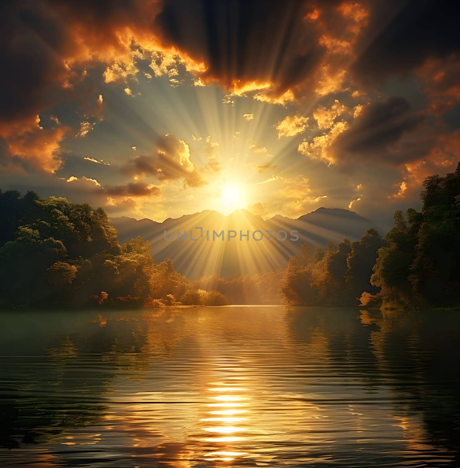 A breathtaking sunset over a serene mountain lake. Golden rays illuminate the sky and water, creating a stunning reflection