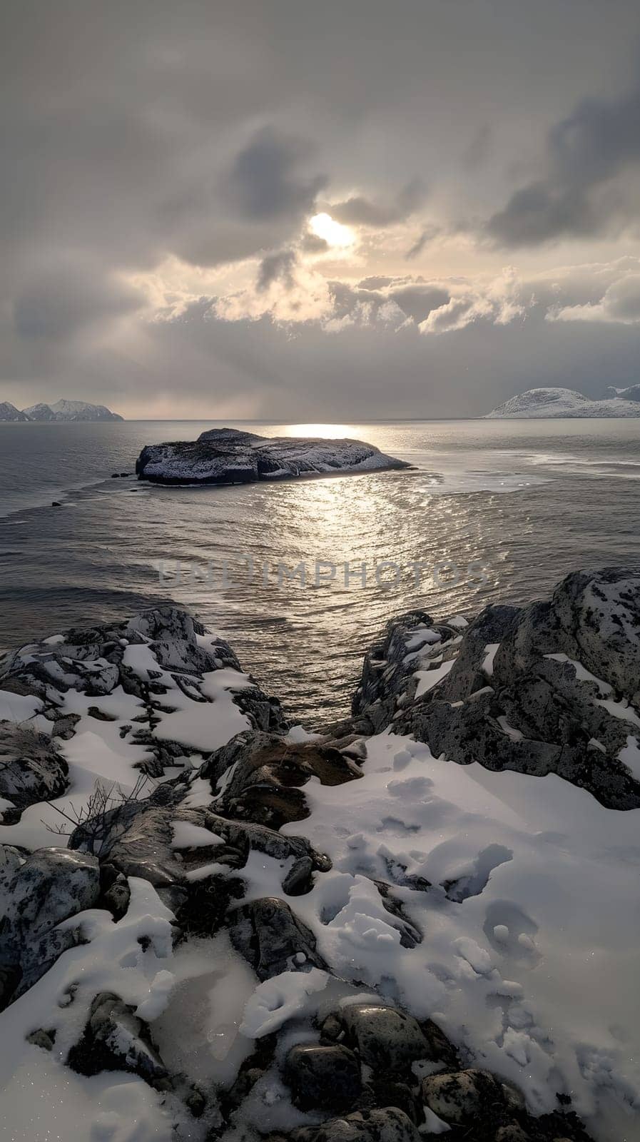 A snowy island with sun rays shining through the clouds.