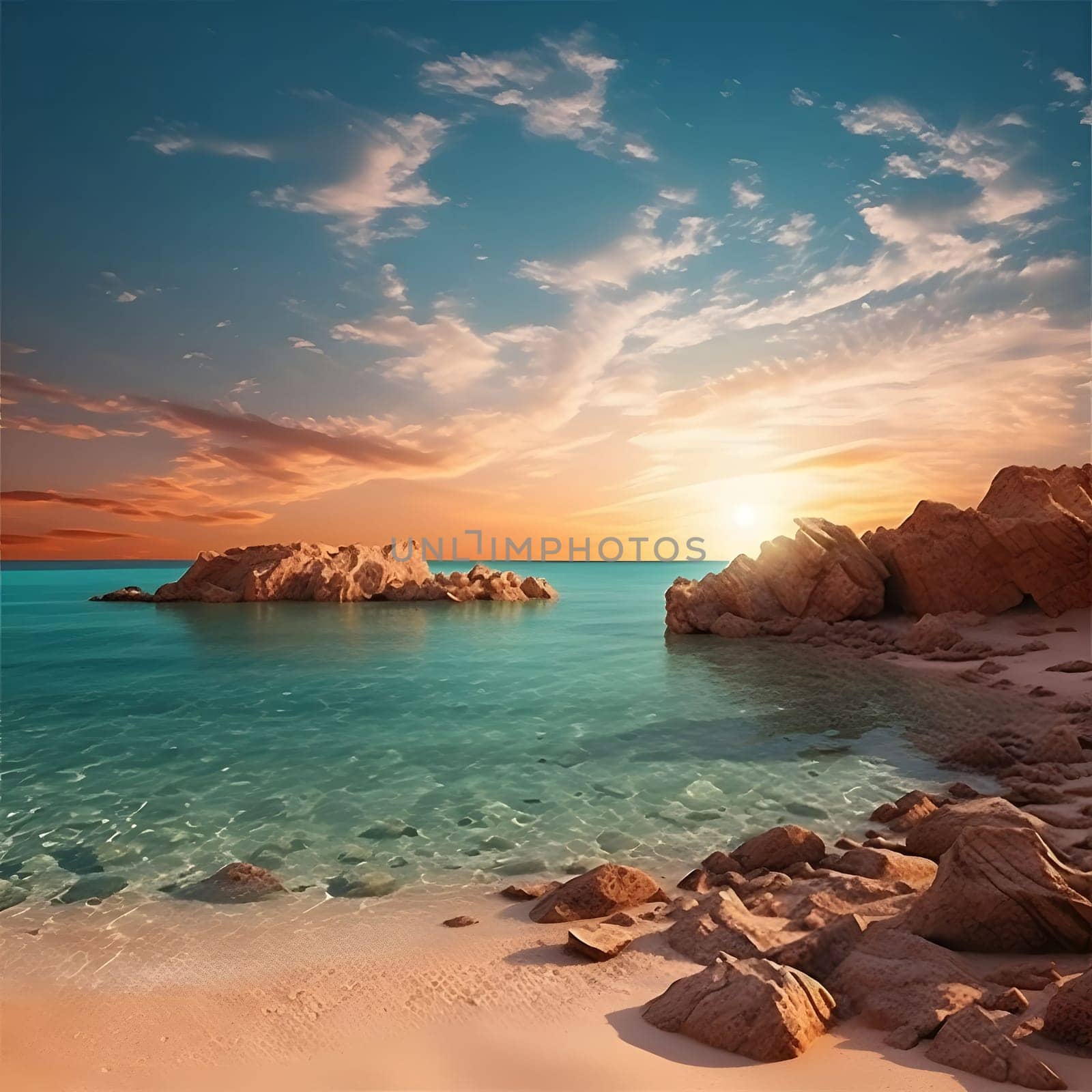 A breathtaking sunset over a tranquil beach, with golden rays illuminating the calm waters and surrounding rocks. The sky is awash with vibrant hues of orange, red, and yellow, creating a picturesque scene of natural beauty.