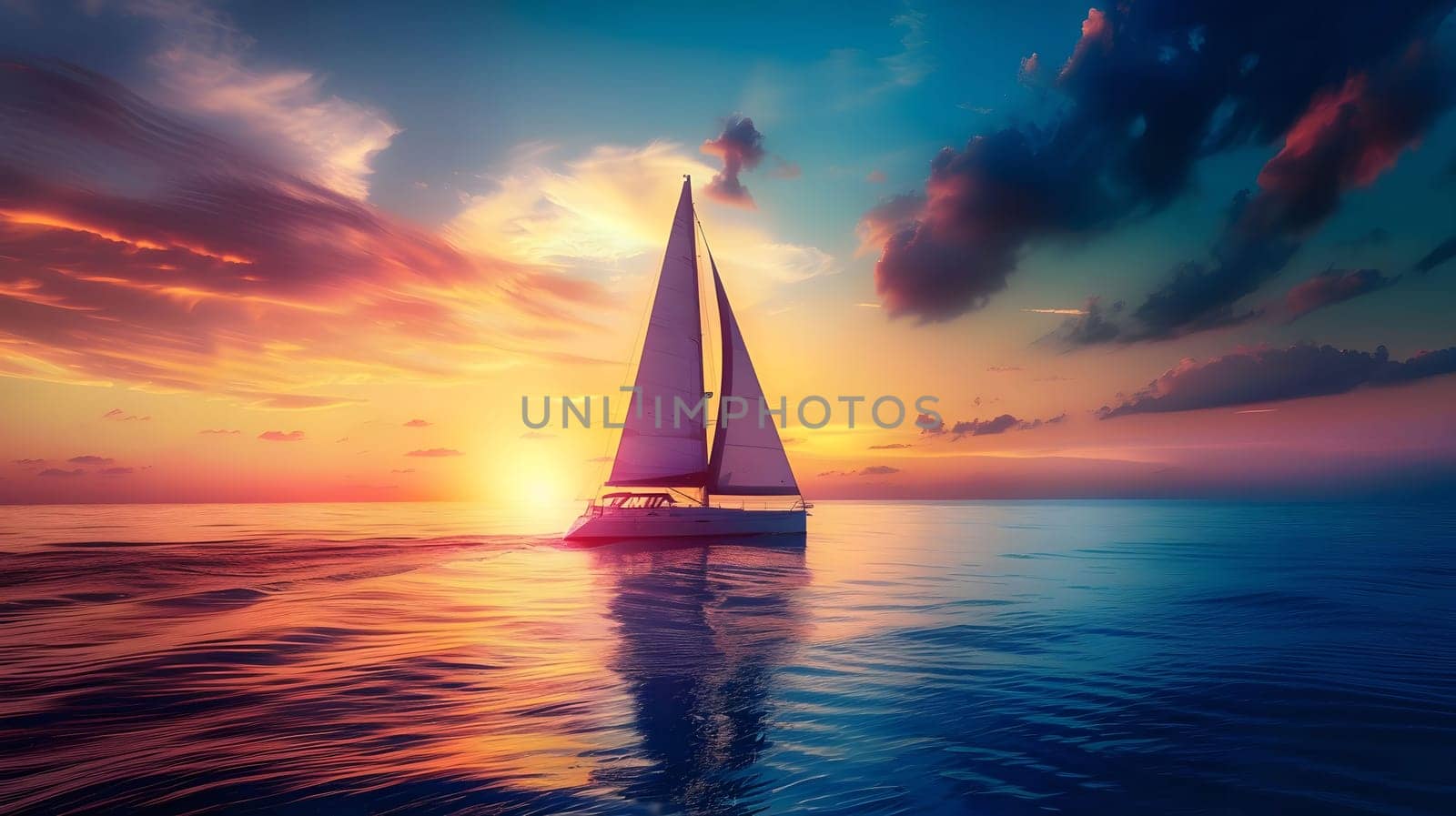A sailboat glides through the tranquil ocean waters at sunset, with the sky ablaze in vibrant hues of orange, red, and purple.