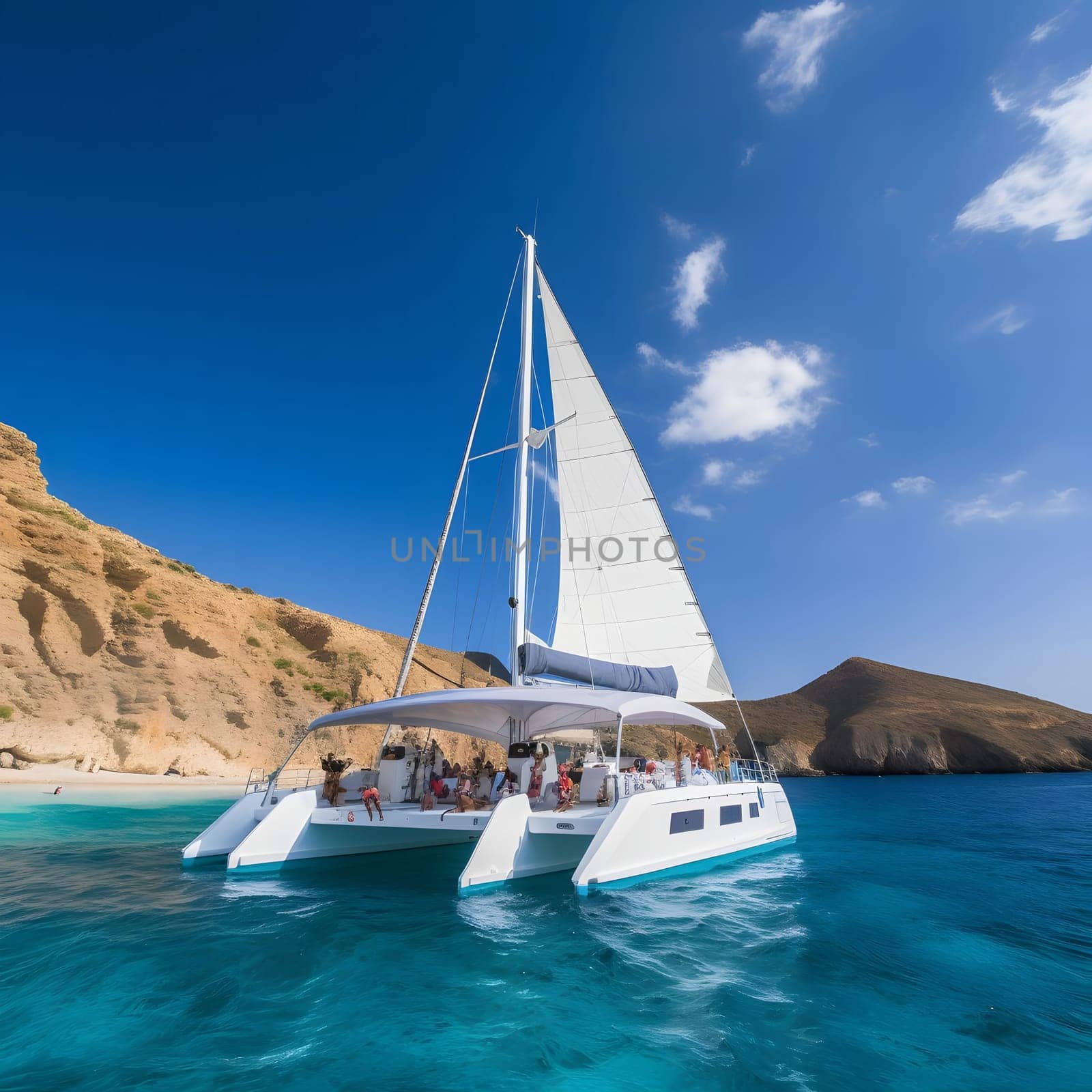 A white catamaran sails on a clear blue ocean with a beautiful island in the background, people on board enjoy the ride and the stunning view.