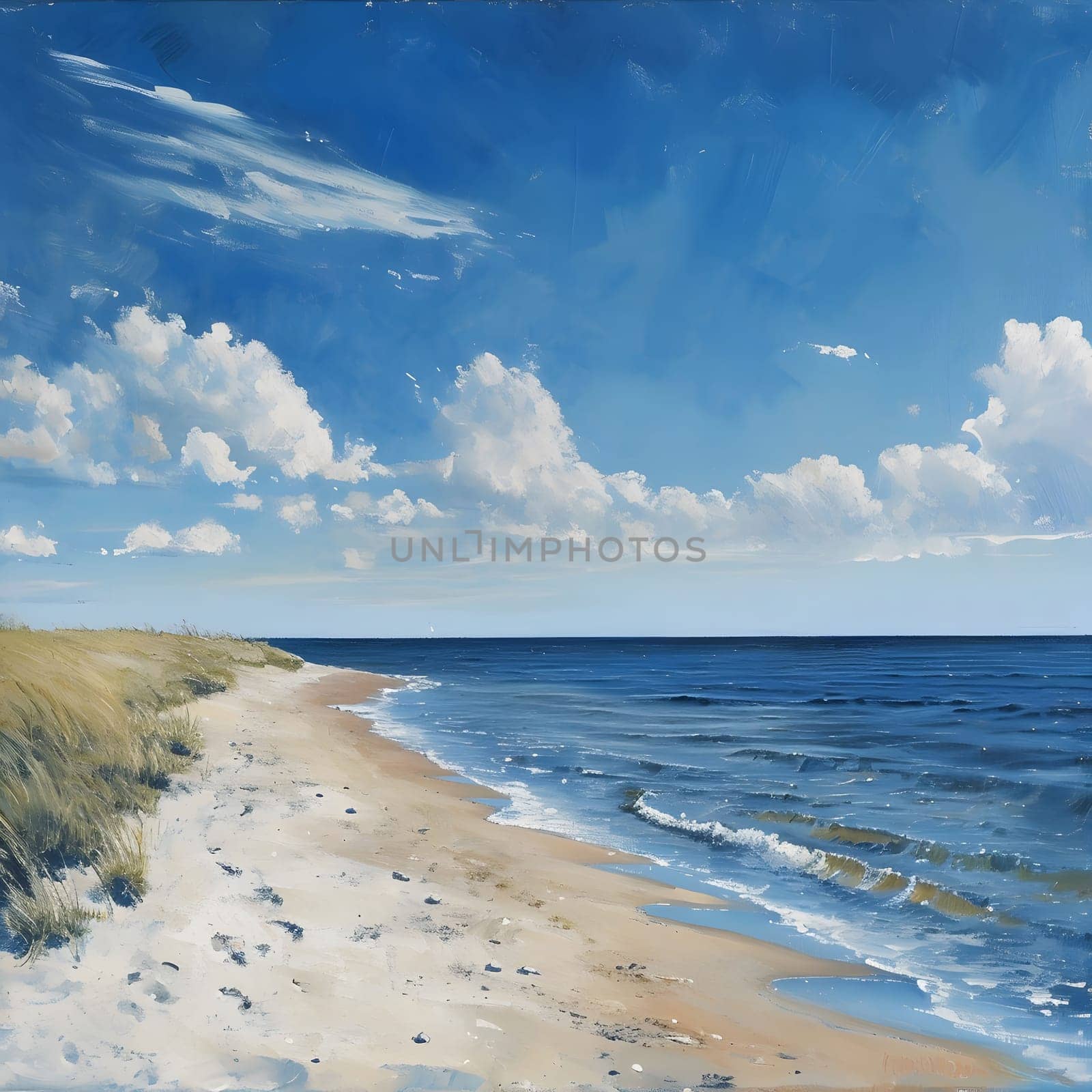 A picturesque view of a sandy beach with waves gently lapping the shore, under a bright blue sky dotted with fluffy clouds.