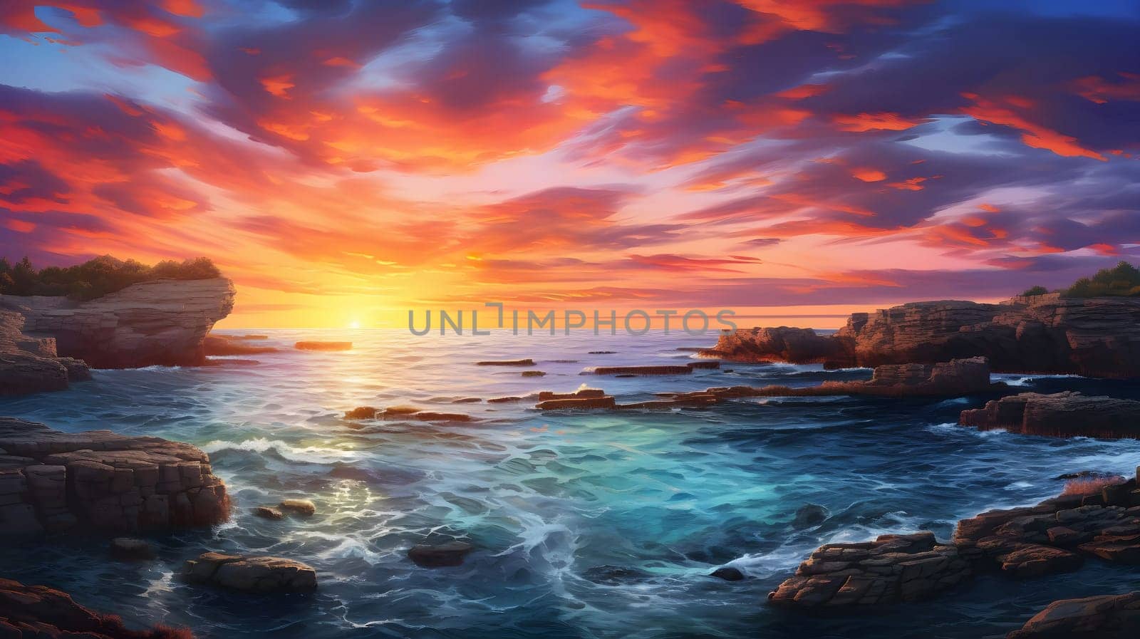 A breathtaking sunset paints the sky with vibrant hues of orange and pink, casting a golden glow over the rocky coast and the vast expanse of the ocean. The water laps gently against the shore, reflecting the fiery colors above.